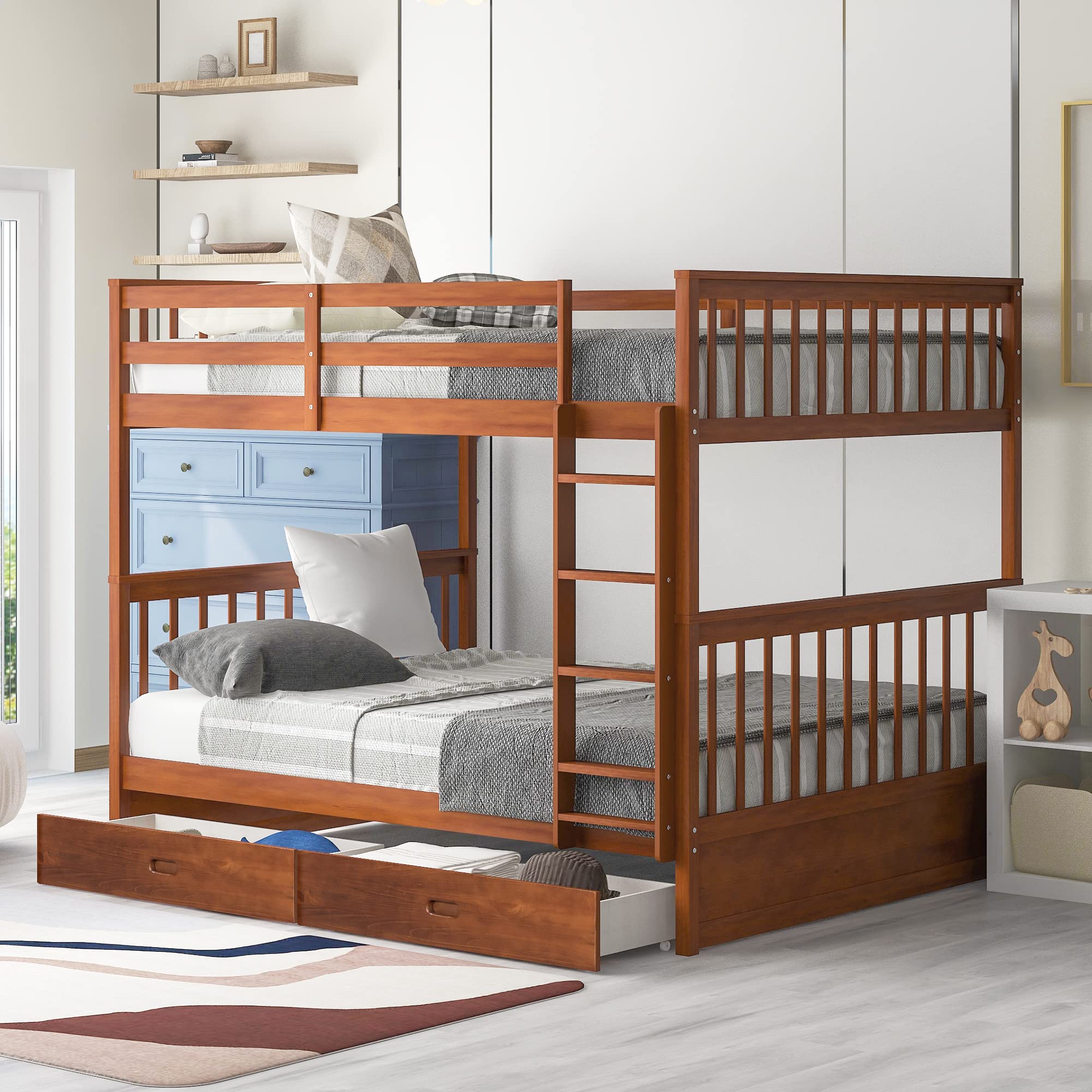 Harper & Bright Designs Full Bunk Beds with Storage Drawers - Solid Wood Full Over Full Bunk Bed Frame with Ladders & Safety Rail for Kids, Teens, Adults (Walnut) - Perfect for Small Bedrooms, Guest Rooms & Kids' Shared Spaces