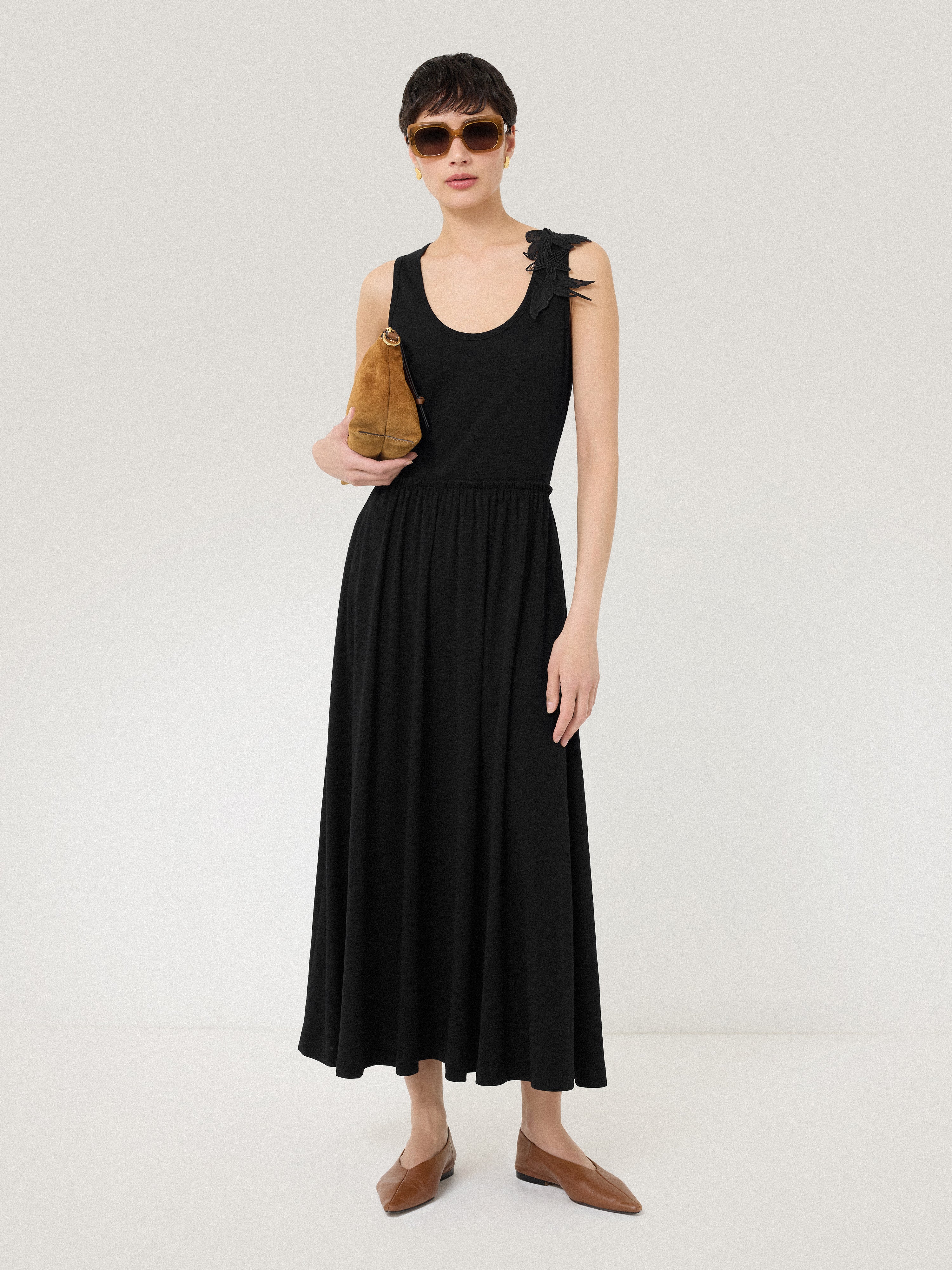 Black Applique Jersey Sundress - Flowy Summer Dress for Beach, Vacation & Casual Outings