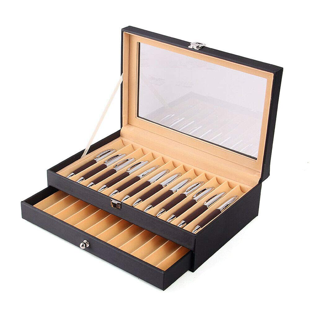 Premium Leather & Flannel Pen Display Box with Glass Top & Drawer - 2-Tier Organizer for 24 Pens - Perfect for Collectors, Calligraphy & Office Storage