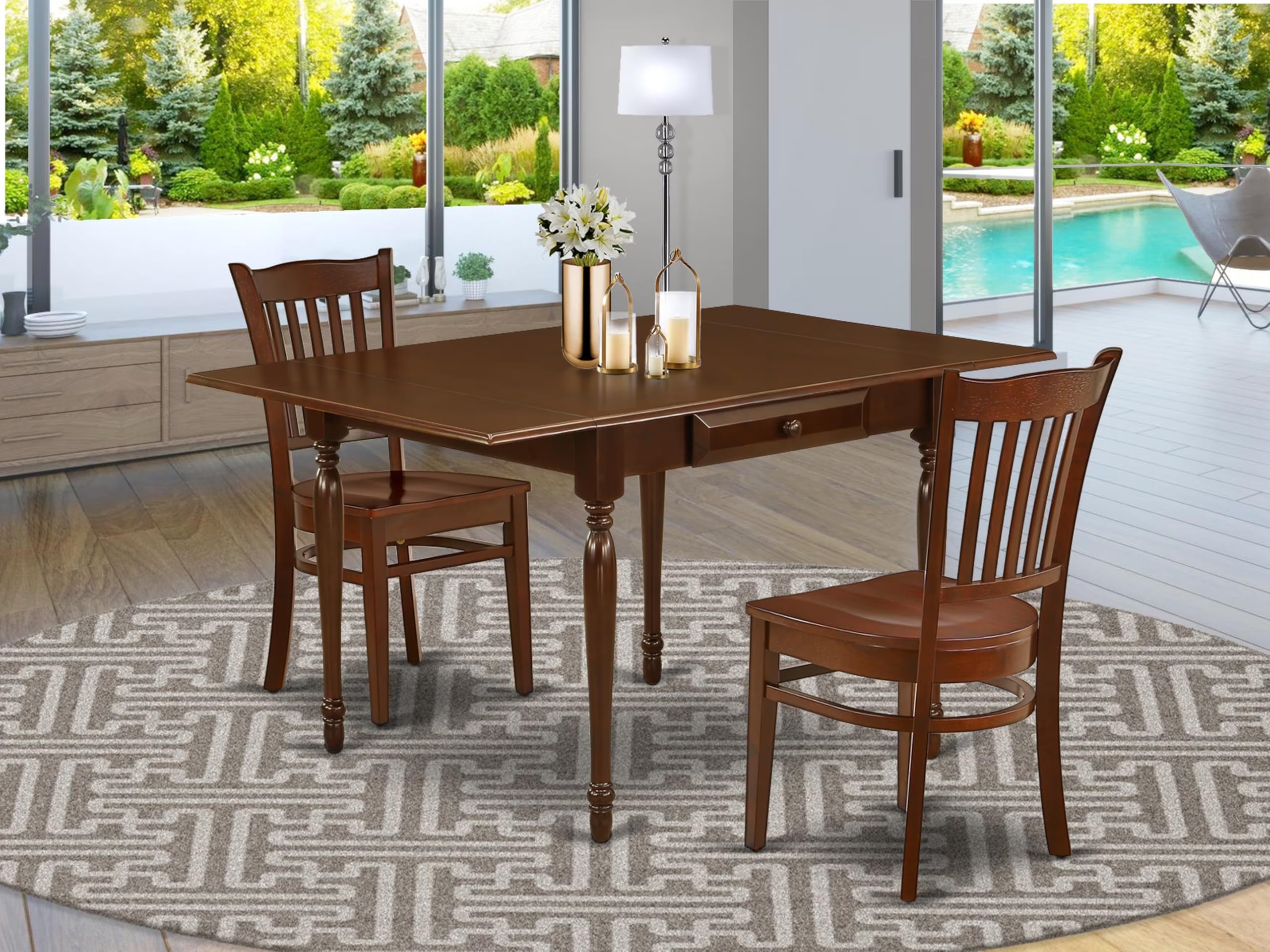 East West Furniture MZGR3-MAH-W 3-Piece Small Space Dining Set with Drop-Leaf Table & 2 Chairs, 36x54 Inch, Mahogany - Perfect for Apartments, Breakfast Nooks & Compact Kitchens