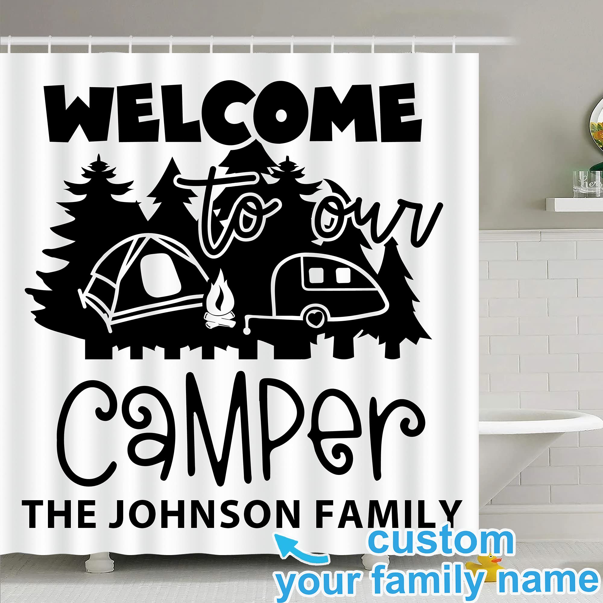 Custom RV Shower Curtain with Name - Happy Camper Decor for Travel Trailers | Perfect for Family Camping Trips