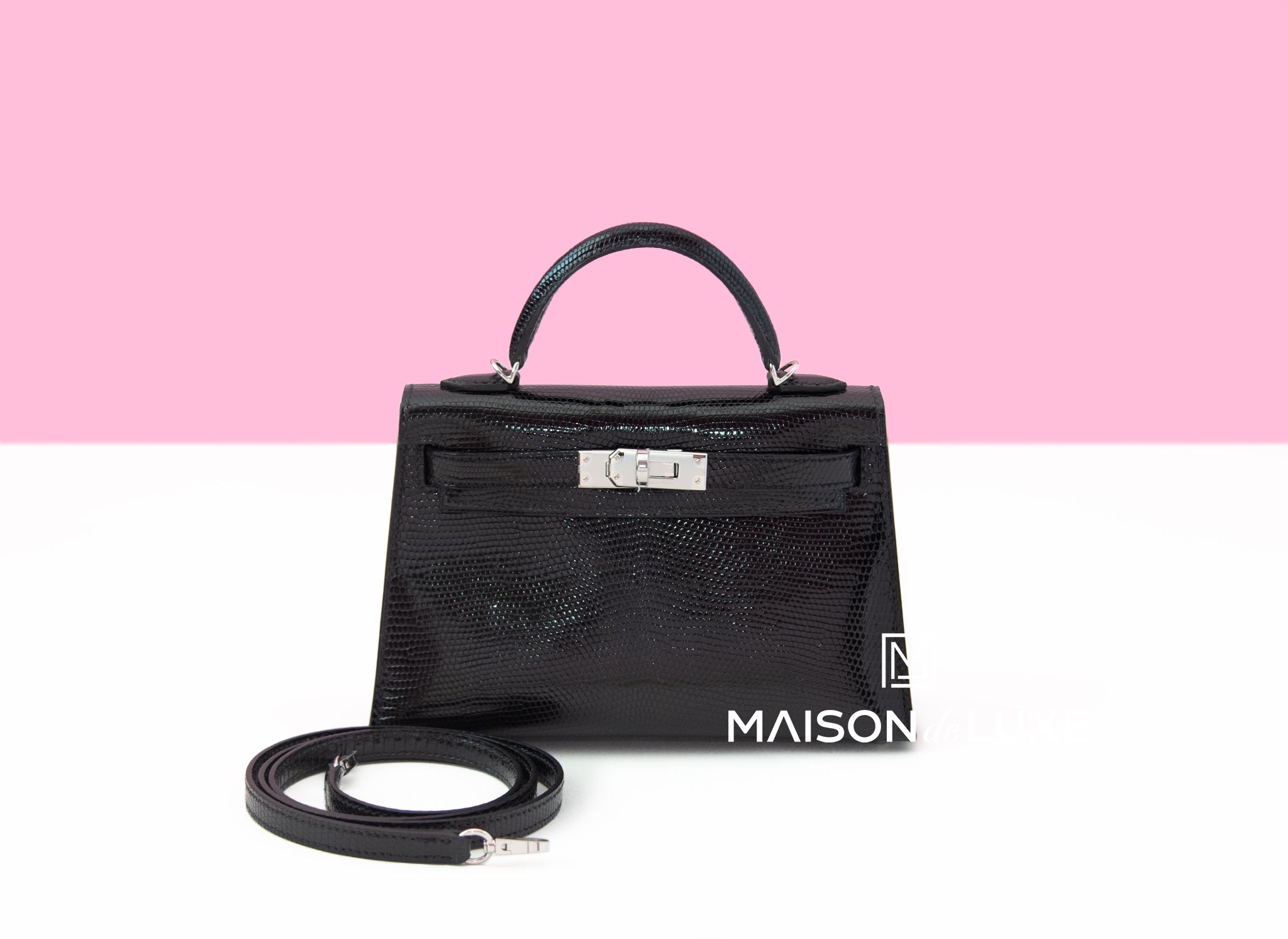 Authentic Hermes Mini Kelly II 20 Bag - Black Lizard Leather with Palladium Hardware | Luxury Crossbody Purse for Women, Perfect for Evening Events & Special Occasions