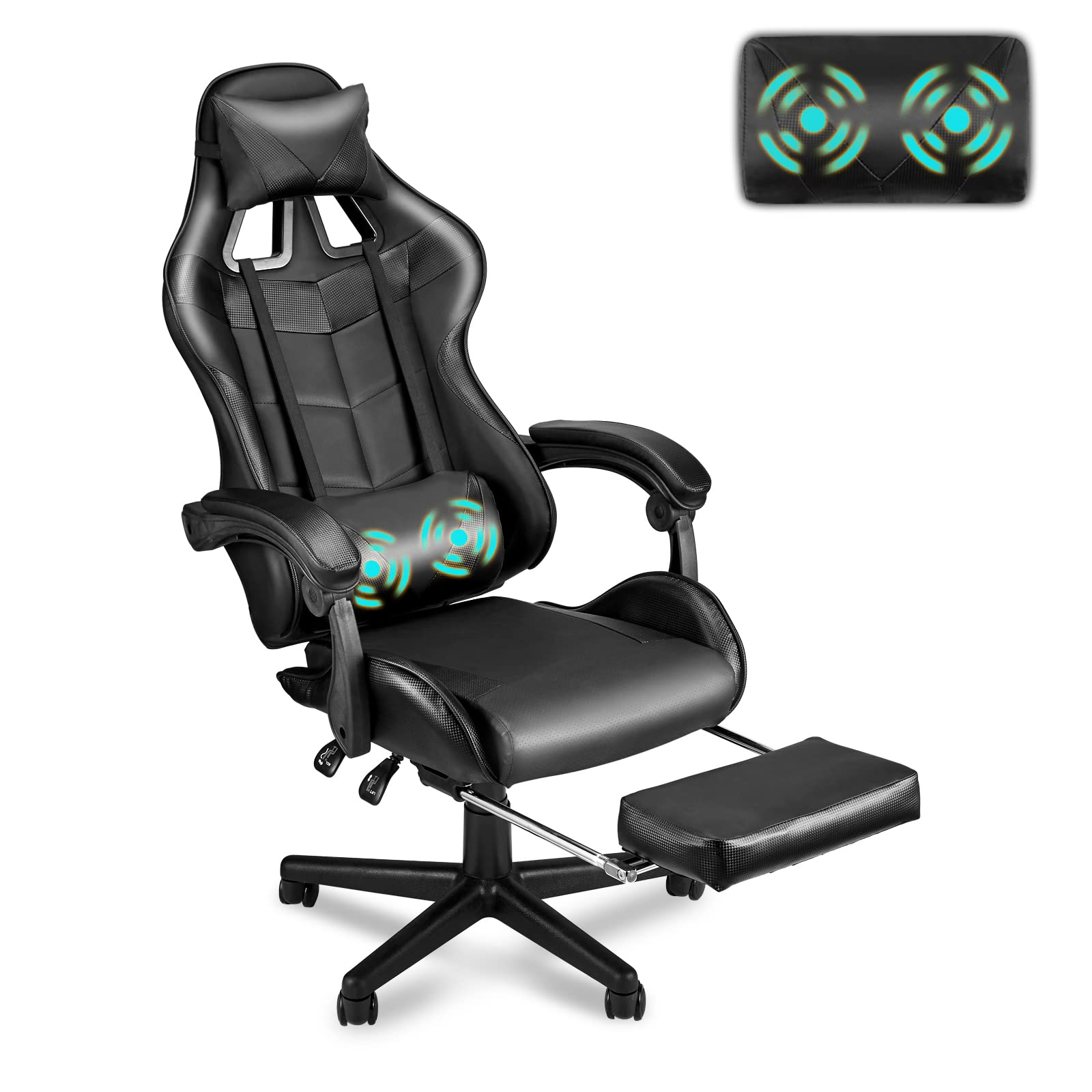 Soontrans Black Gaming Chair with Footrest - Ergonomic Computer Office Chair with Adjustable Headrest & Lumbar Support for PC Gamers - Perfect for Home Gaming Setup & Workstation (Dark Black)