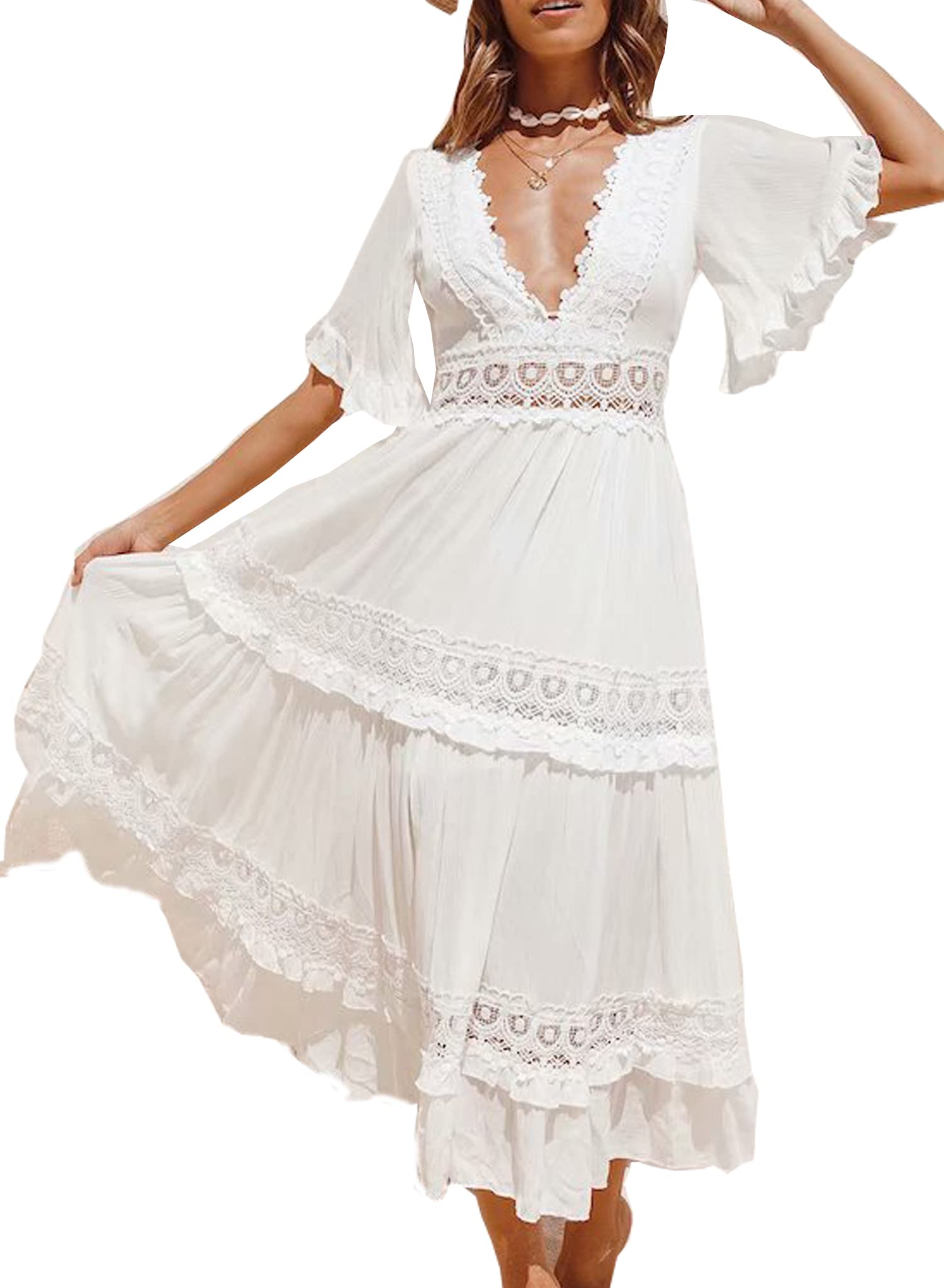 BOMBAXCEIBA Women's Lace Maxi Maternity Dress - Elegant Crochet Beach Wedding Gown for Baby Shower, Bridal Shower & Summer Vacation | Flowy Boho Chic Dress for Pregnancy Photos, Maternity Shoot & Special Occasions