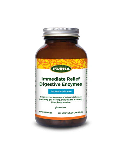 Flora Immediate Relief Digestive Enzymes - 120 Veggie Caps for Gut Health & Bloating Relief | Supports Digestion After Meals & Travel | Vegan & Non-GMO Supplement