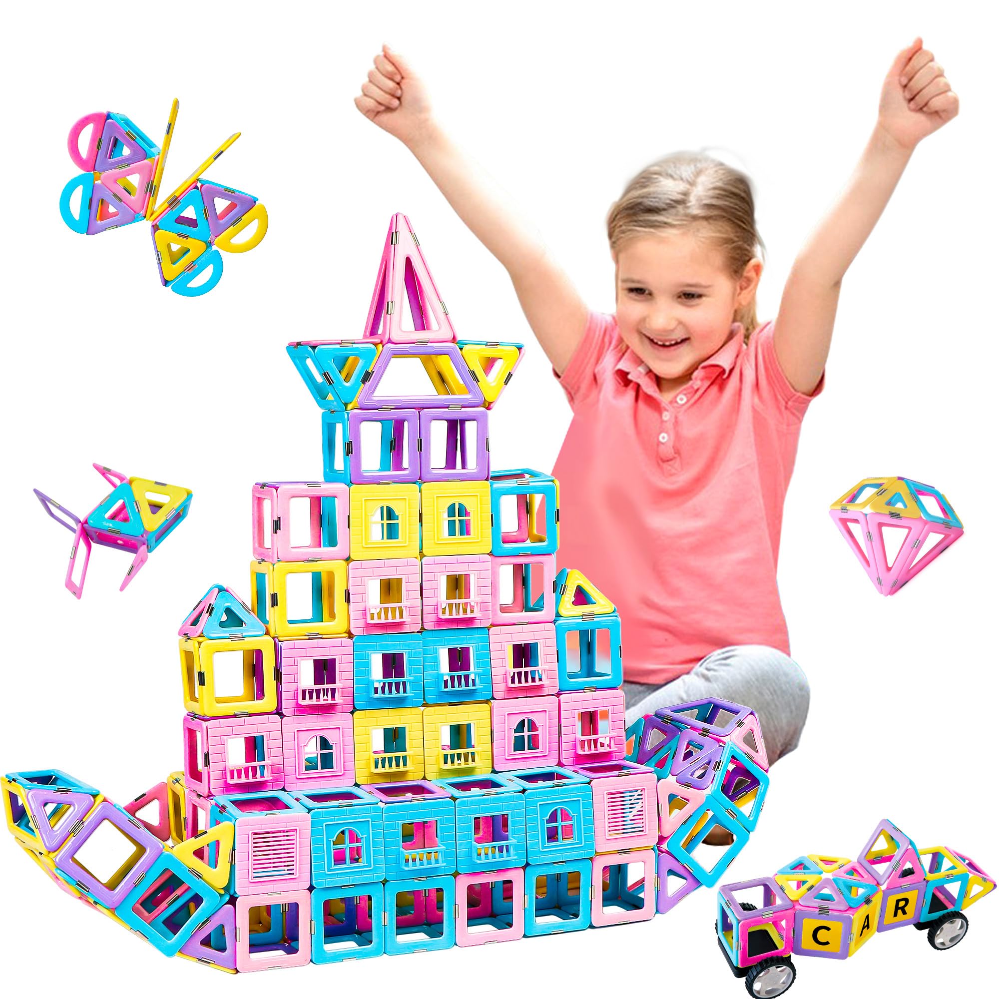 MAGBLOCK 156Pcs Magnetic Tiles Building Set with 2 Cars - STEM Educational Toys for Boys & Girls Ages 3+, Creative Magnet Blocks for Kids - Perfect for Preschool Learning, Birthday Gifts & Indoor Playtime