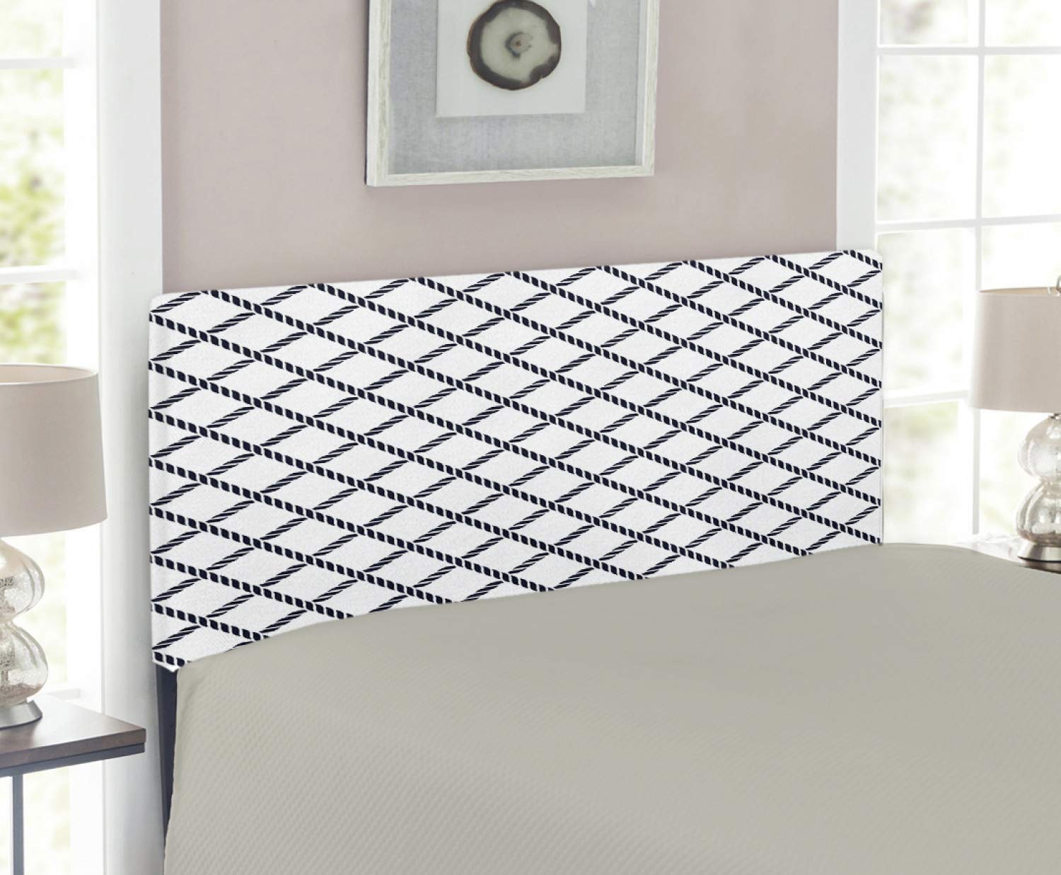 Ambesonne Geometric Upholstered Headboard - Checkered Nautical Design with Memory Foam, Twin Size Dark Blue & White - Perfect for Coastal, Maritime or Modern Bedroom Decor