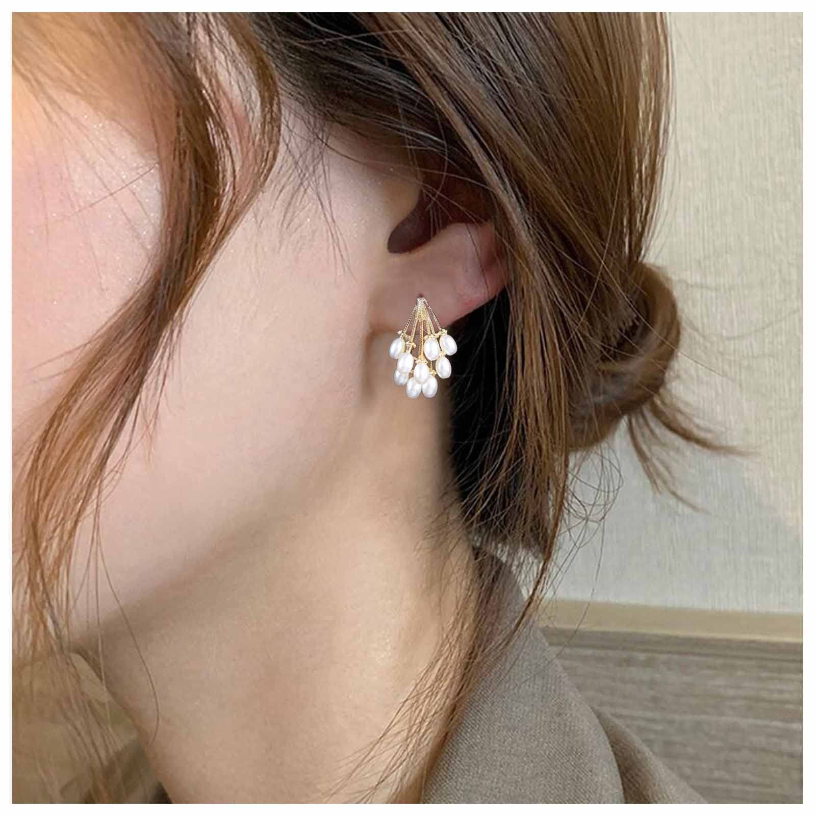 Vintage Grape Pearl Drop Earrings - 14K Gold Cluster Pearl Stud Earrings for Women, Boho Pearl Jewelry Gift for Her, Perfect for Weddings & Date Nights