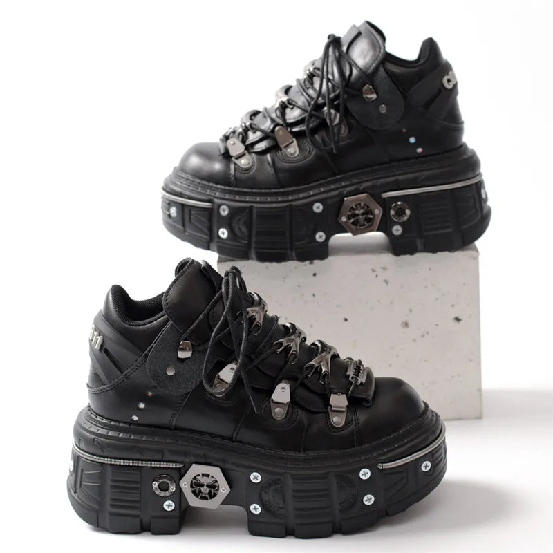 Gothic Punk Platform Sneakers for Women - Lace Up Round Toe Shoes with Metal Decorations & Thin Heels | Perfect for Nightclubs, Parties & Alternative Fashion Outfits