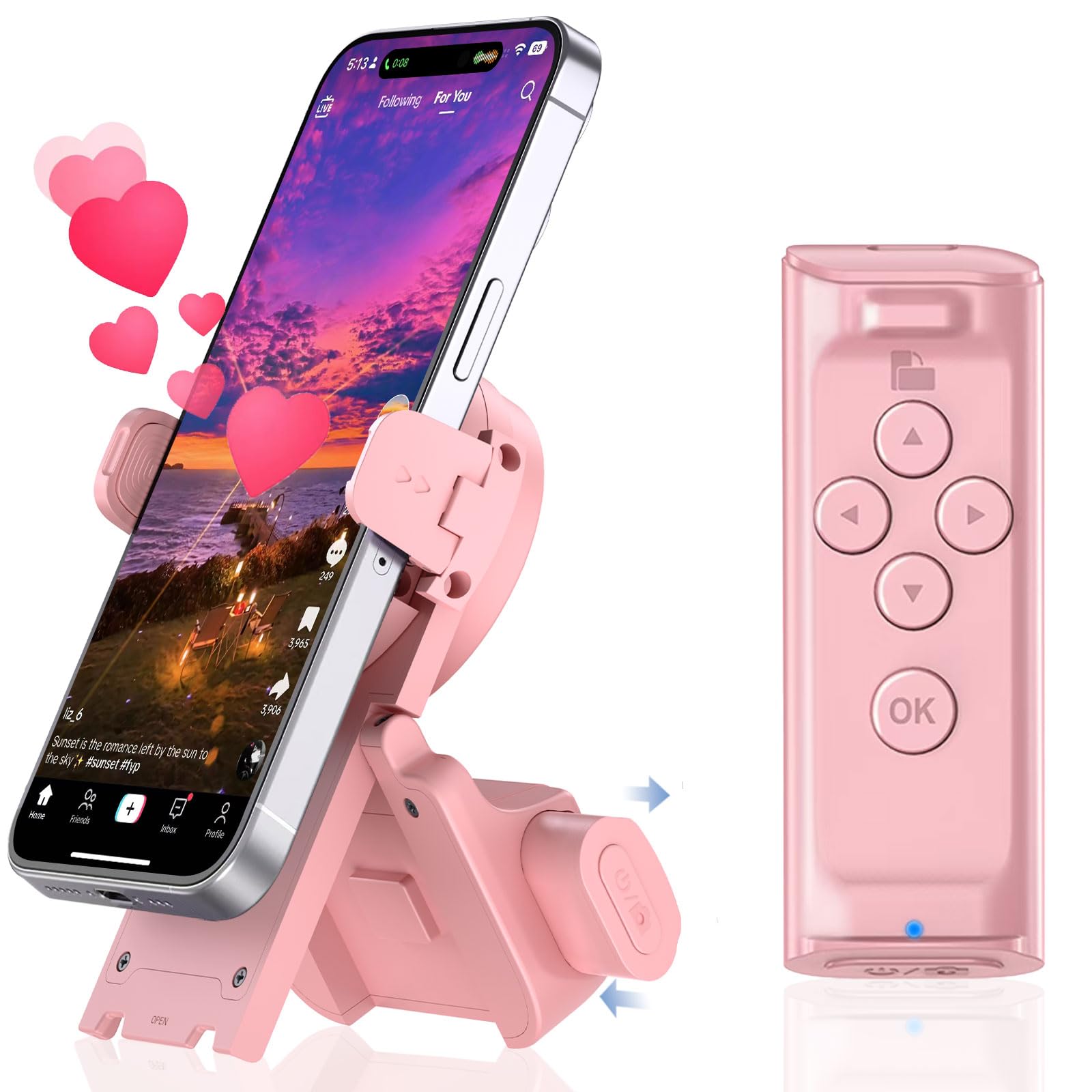 Bluetooth Page Turner Remote for Kindle, TikTok Scrolling, Camera Shutter - Compatible with iPhone, Android, iPad & Tablets - Includes Phone Stand (Pink) - Perfect for Reading eBooks, Live Streaming & Hands-Free Content Creation