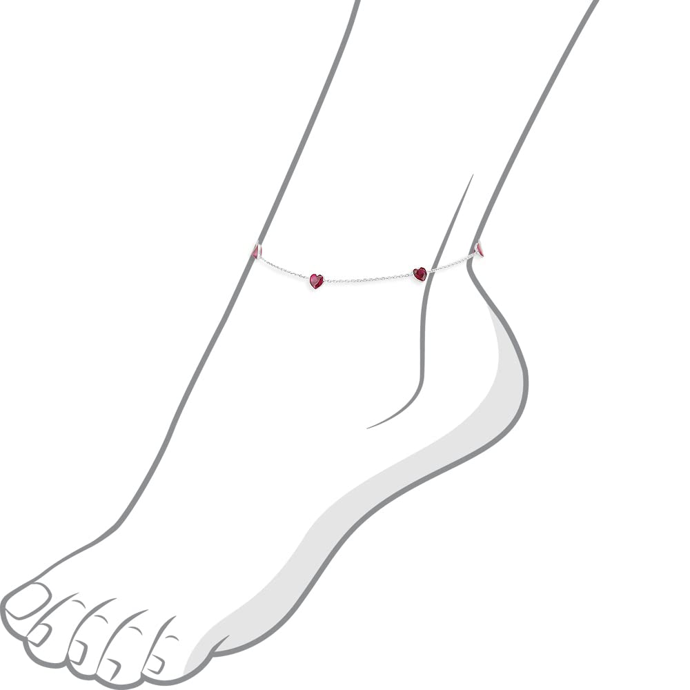 14K White Gold Ankle Bracelet with Ruby Heart & Cubic Zirconia | Adjustable 9-11 Inches | Elegant Foot Jewelry for Women | Perfect for Beach, Parties & Special Occasions