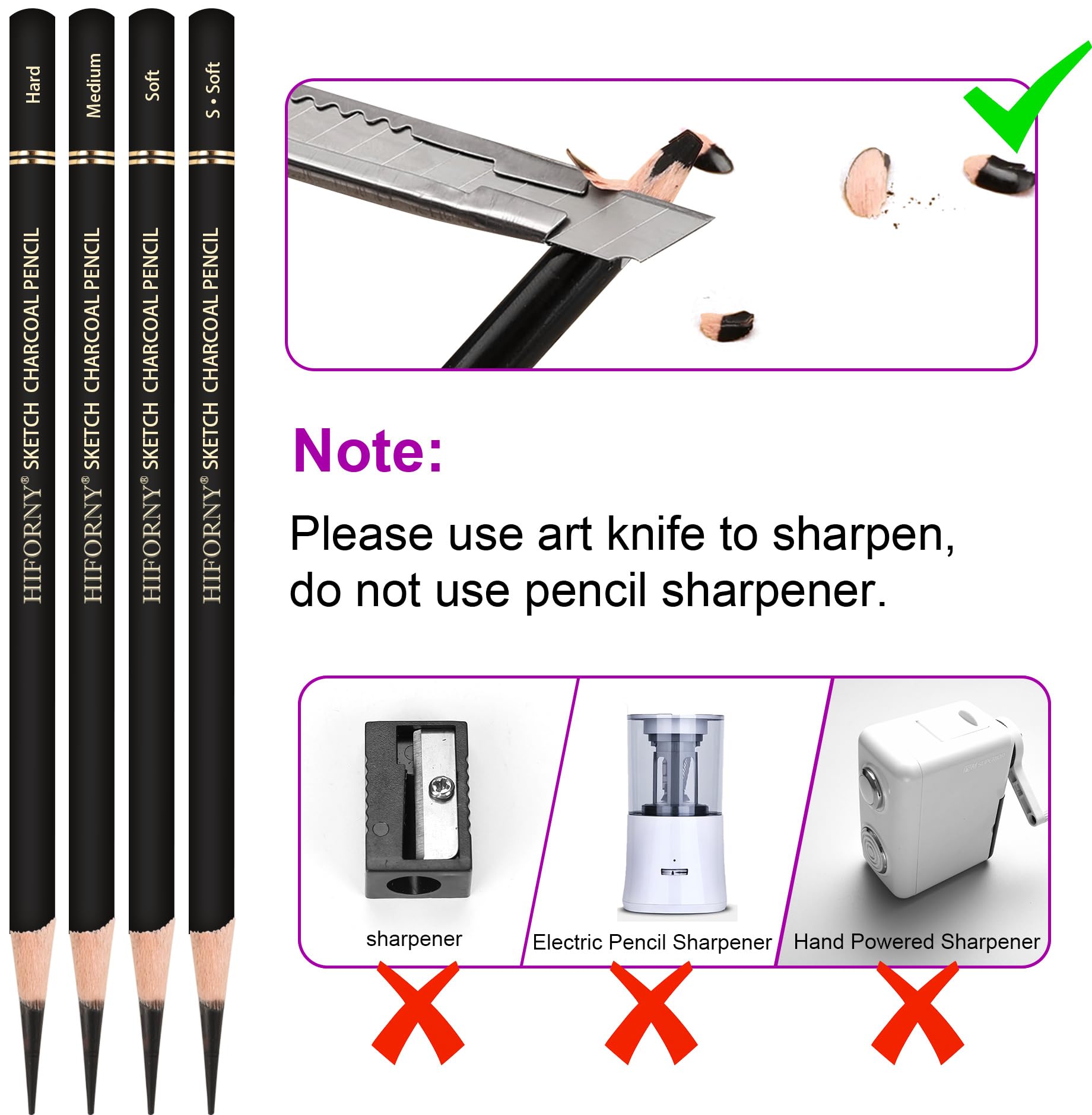 HIFORNY 12-Piece Professional Charcoal Pencils Set - Super Soft, Soft, Medium & Hard Graphite Drawing Pencils for Artists, Sketching, Shading, Blending & Portrait Art | Ideal for Beginners, Students & Professional Artists