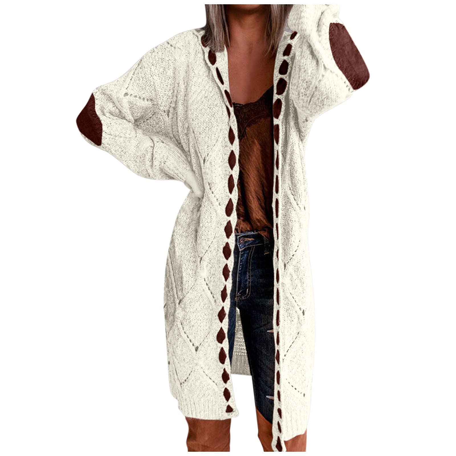 Women's Long Chunky Cardigan - Lightweight Knit Sweater with Hood & Elbow Patches | Cozy Fall & Winter Fashion | Perfect for Office, Casual Outfits & Layering