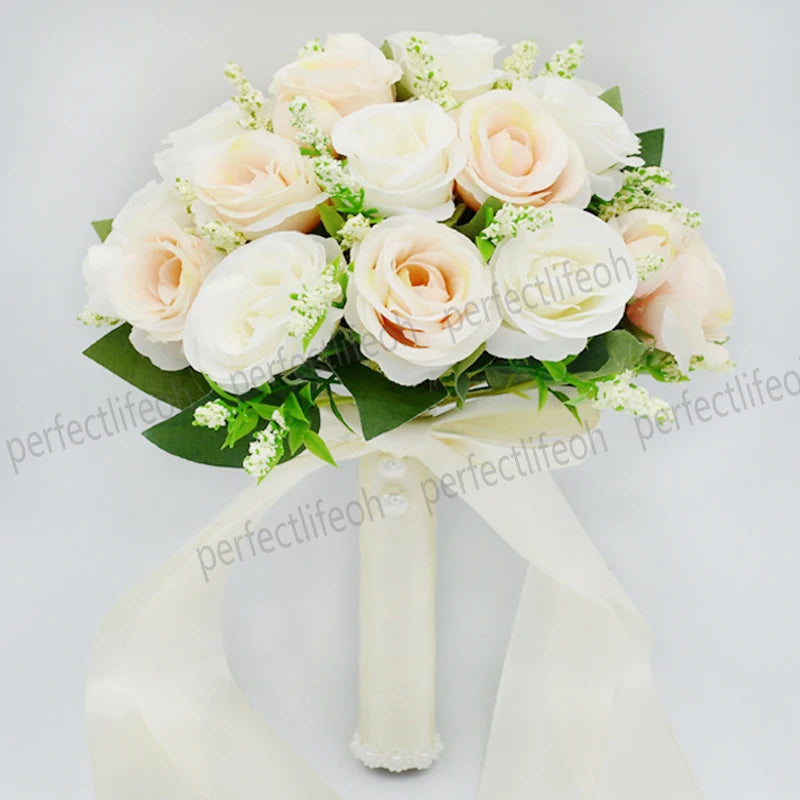 Artificial Silk Rose Wedding Bouquet with Satin Ribbon - Elegant Bridal Bouquet for Wedding, Bridal Shower, Anniversary & Home Decor