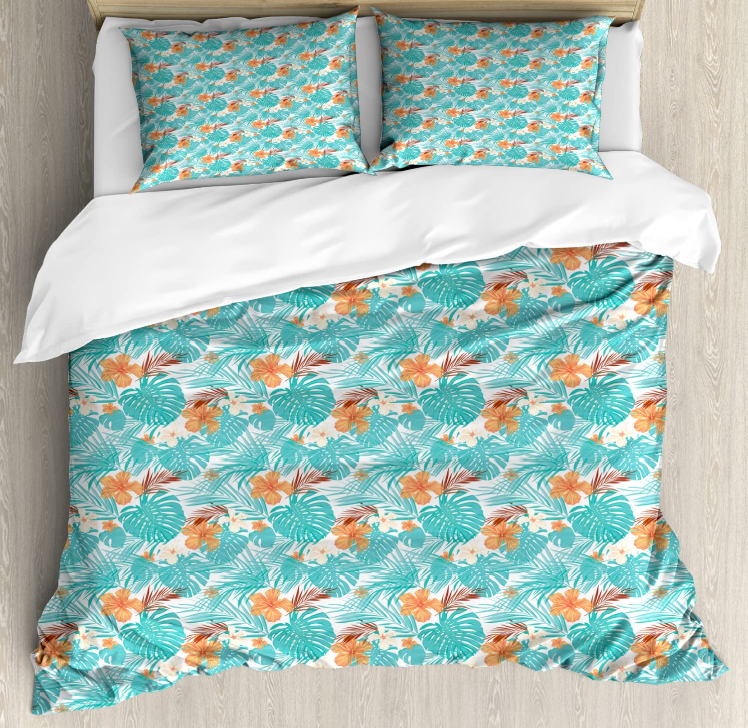 Ambesonne Aloha Duvet Cover Set - Tropical Palm Leaves & Hibiscus Flowers Bedding Set, 2 Duvet Covers & 4 Pillowcases, 2-Pack California King Size, Orange & Turquoise - Perfect for Summer Beach House Decor & Hawaiian-Themed Bedrooms