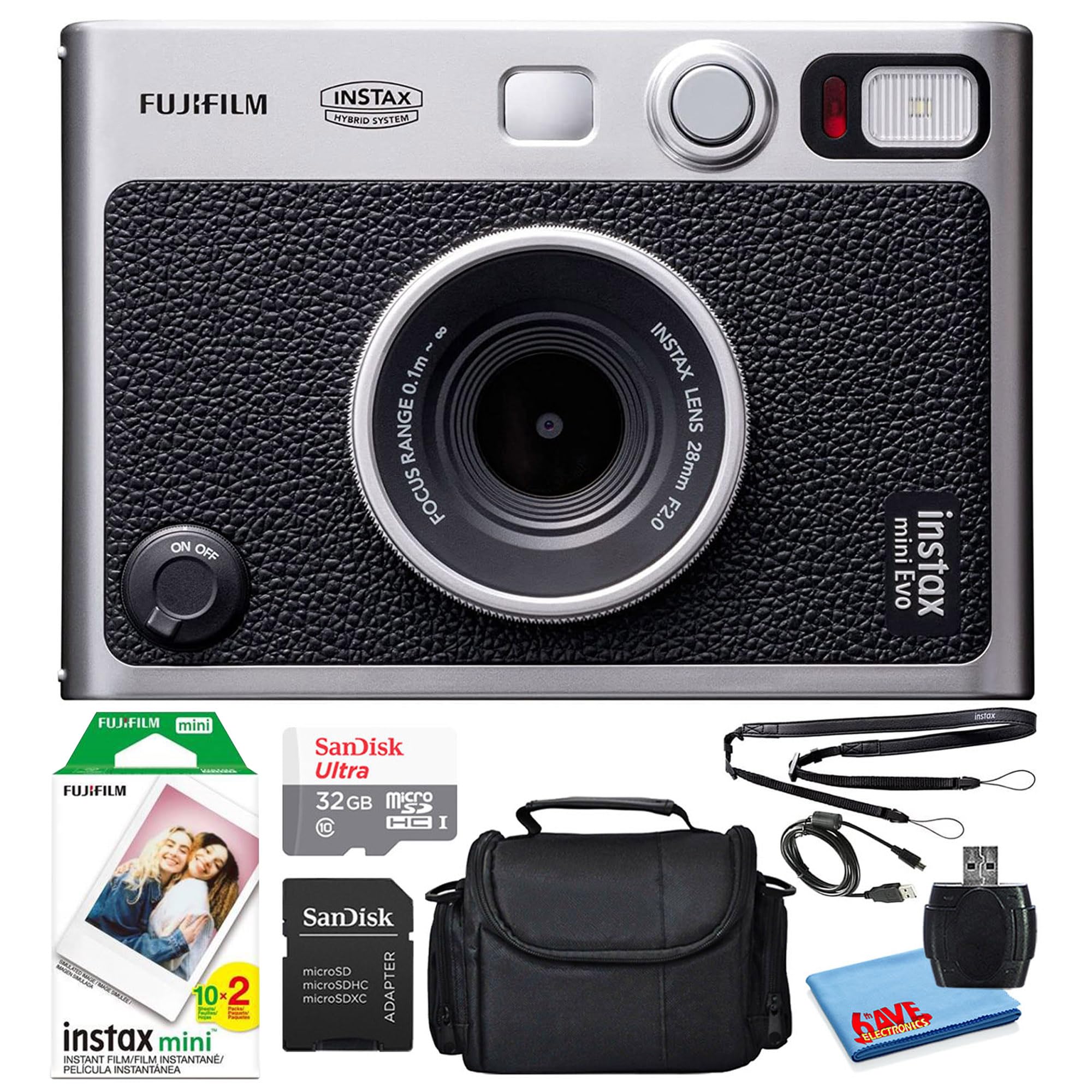 Fujifilm Instax Mini EVO Hybrid Instant Film Camera (Black) with 20 Instant Film Sheets, 32GB Memory Card, Case & Accessories - Perfect for Travel, Parties & Instant Photo Sharing