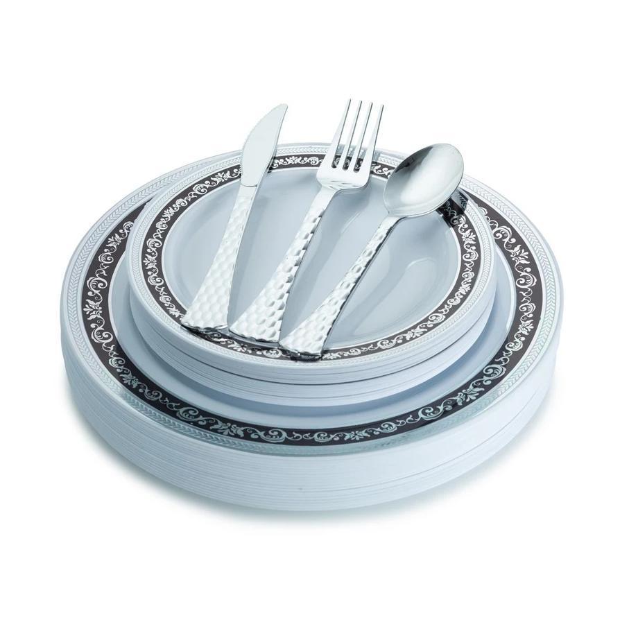 100-Piece Black and Silver Round Plastic Dinnerware and Silverware Set for 20 Guests - Elegant Disposable Plates, Forks, Knives & Spoons - Perfect for Parties, Weddings, BBQs, and Outdoor Events