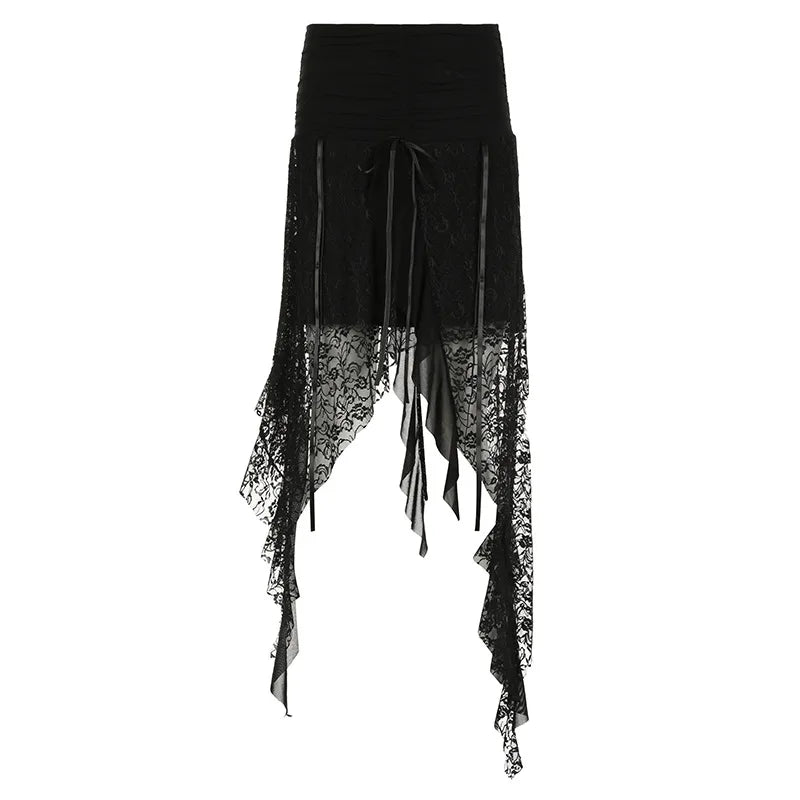 Black Lace Long Skirt - Low Rise Y2K Asymmetrical Skirt for Women | 2000s Vintage Style Summer Skirt | Perfect for Casual Wear, Night Out & Festival Outfits (P67 EZ20)