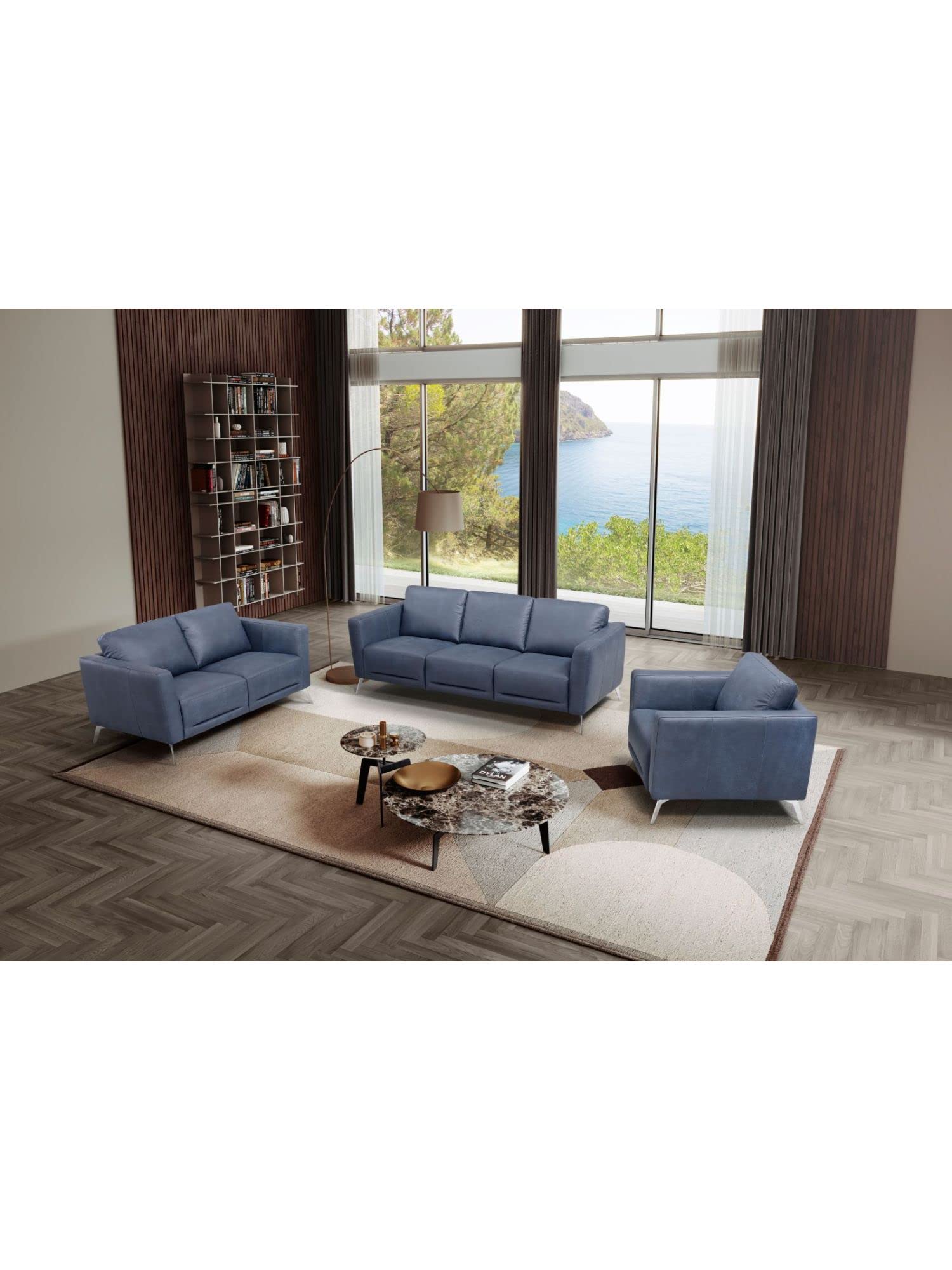Lazyspace Astonic Blue Leather Sofa - Modern Living Room Couch for Home, Office & Lounge Comfort | LV00212