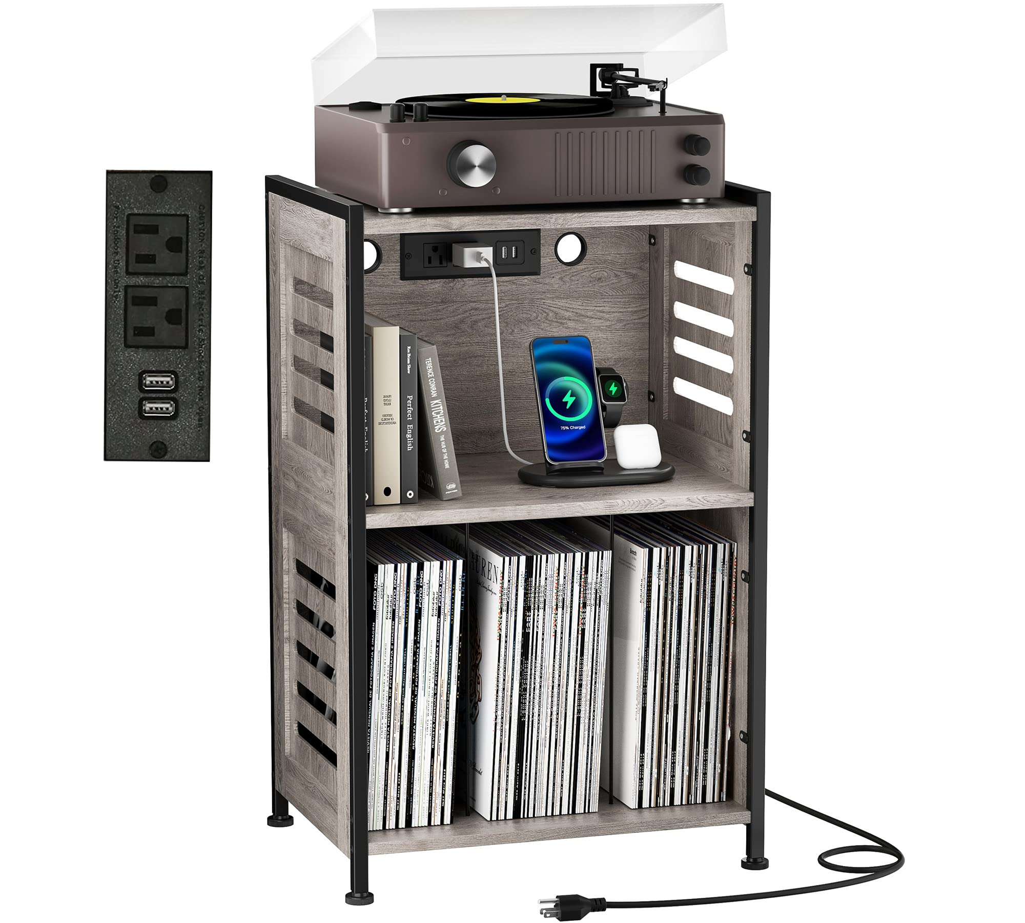 Y&M Vinyl Record Player Stand with Charging Station & USB Port - Turntable Holder with Storage Cabinet, Record Display Table - Multi-Functional End Table & Nightstand for Bedroom, Living Room (Gray) | Perfect for Music Lovers & Home Decor