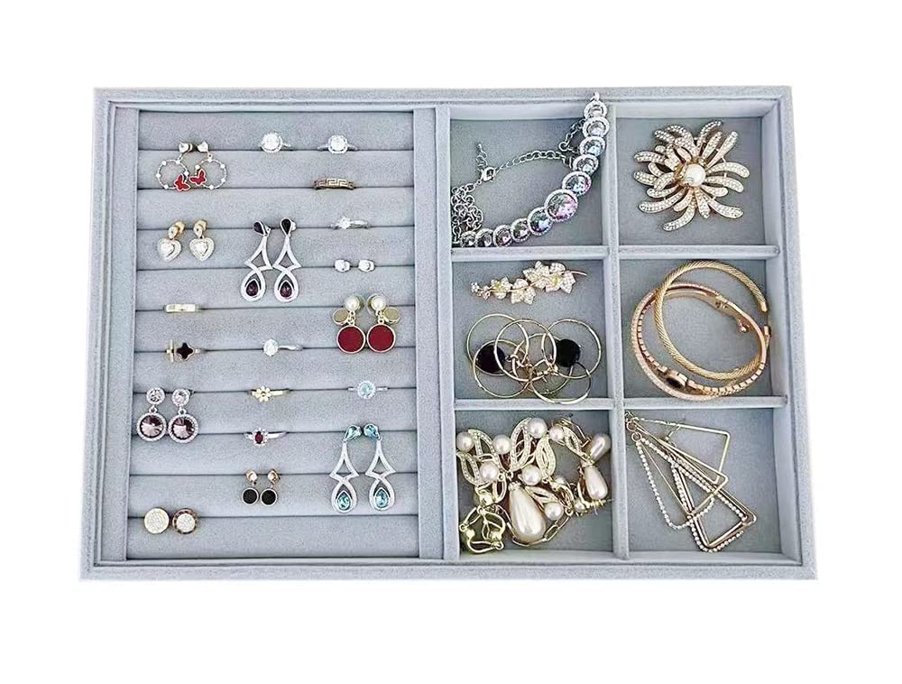 Premium Velvet Jewelry Organizer Tray - Grey Stackable Drawer Insert with Ring & 6 Grid Compartments | Perfect for Necklace, Earring & Ring Storage | Jewelry Box Organizer for Dresser, Vanity & Travel