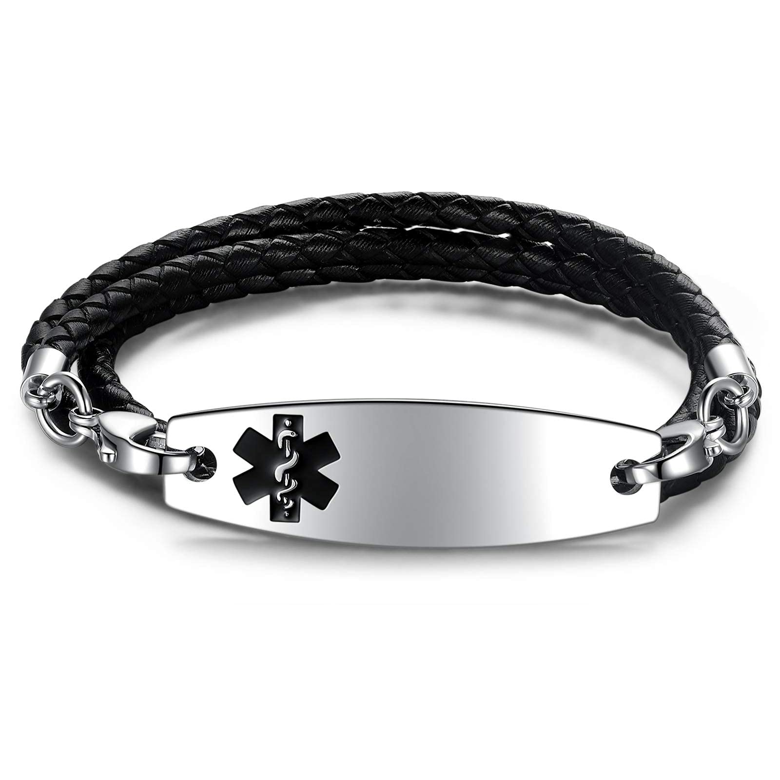 MAXZOOL Personalized Medical Alert Bracelet for Women & Men - Free Engraving, Rolo Leather Rope & Stainless Steel ID Tag | Interchangeable Medical ID Replacement Bracelet | Perfect for Diabetes, Allergies & Emergency Medical Identification