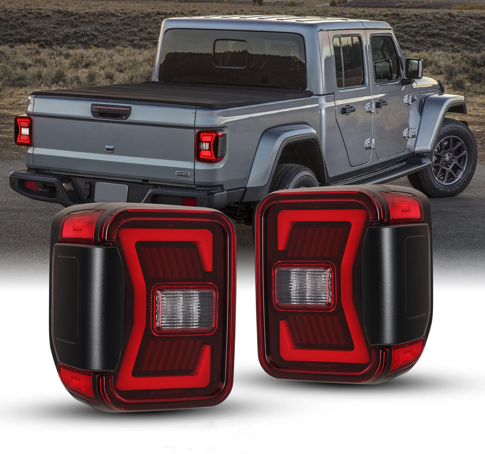 **AUTOWIKI LED Tail Lights for 2019-2025 Jeep Gladiator JT - Black Red Lens Sequential Turn Signal Lights (1 Pair) - Direct Replacement Rear Lamps - Perfect for Off-Roading & Night Driving**