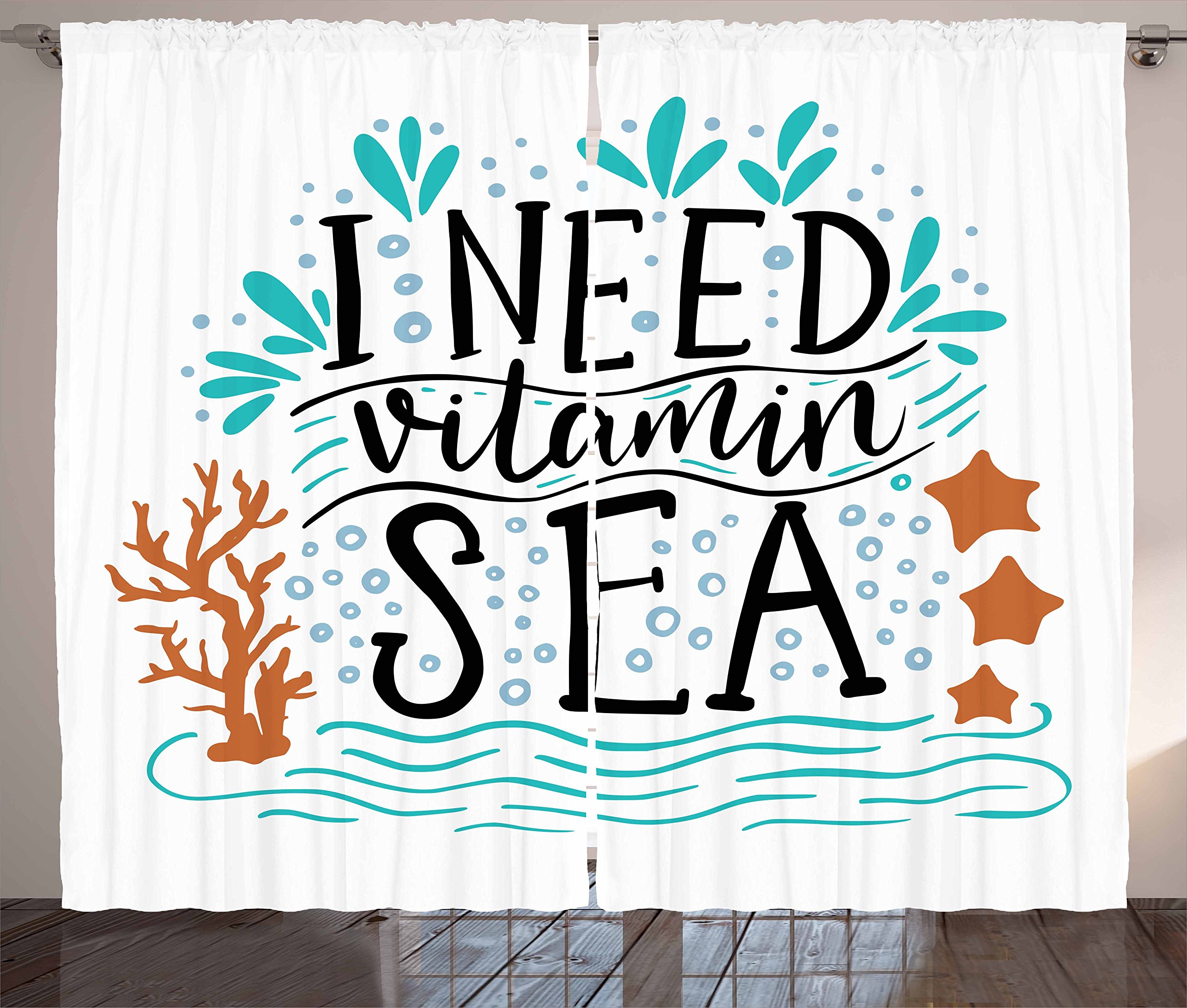 Ambesonne Vitamin Sea Inspirational Beach Curtains - Hand Drawn Coral Waves, Starfish & Bubbles Design - 2 Panel Window Drapes for Living Room & Bedroom - 108