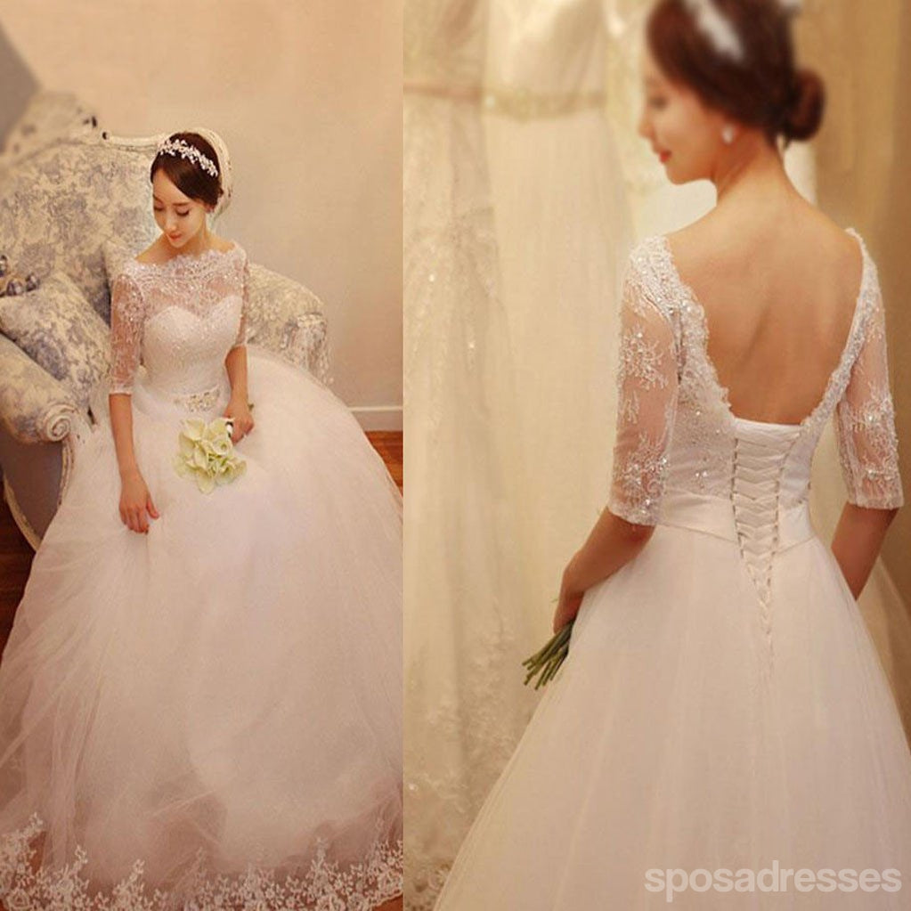 Illusion Half Sleeve Lace Beaded Tulle Wedding Dress - Elegant V-Neck Bridal Gown with Intricate Lace Appliques (WD0005) | Perfect for Beach Weddings, Garden Ceremonies & Romantic Vow Renewals