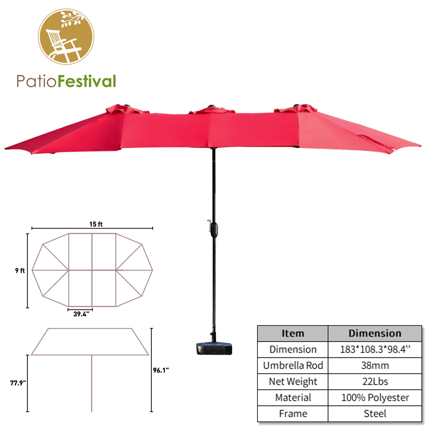 PatioFestival 15Ft Double-Sided Outdoor Market Umbrella with Crank Handle & Included Base - Extra Large Sun Shade for Patio, Poolside, and Backyard Relaxation