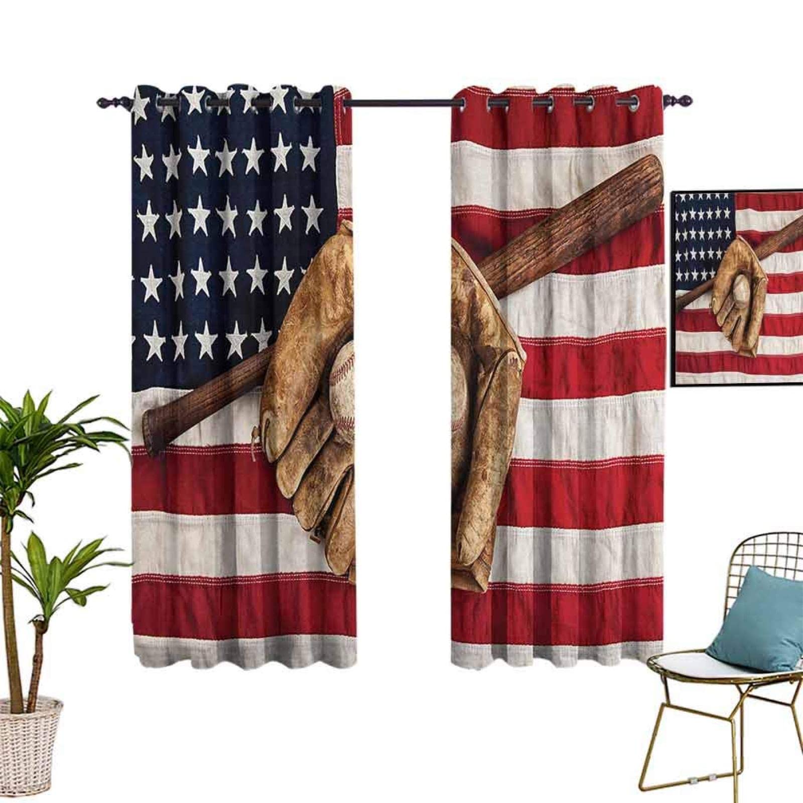 Vintage Baseball League Blackout Curtains - USA American Flag 3D Printed Thermal Insulated Window Drapes, 2 Panels Grommet Curtains for Bedroom & Living Room (52x84 Inches) - Perfect for Game Rooms, Man Caves & Sports-Themed Decor