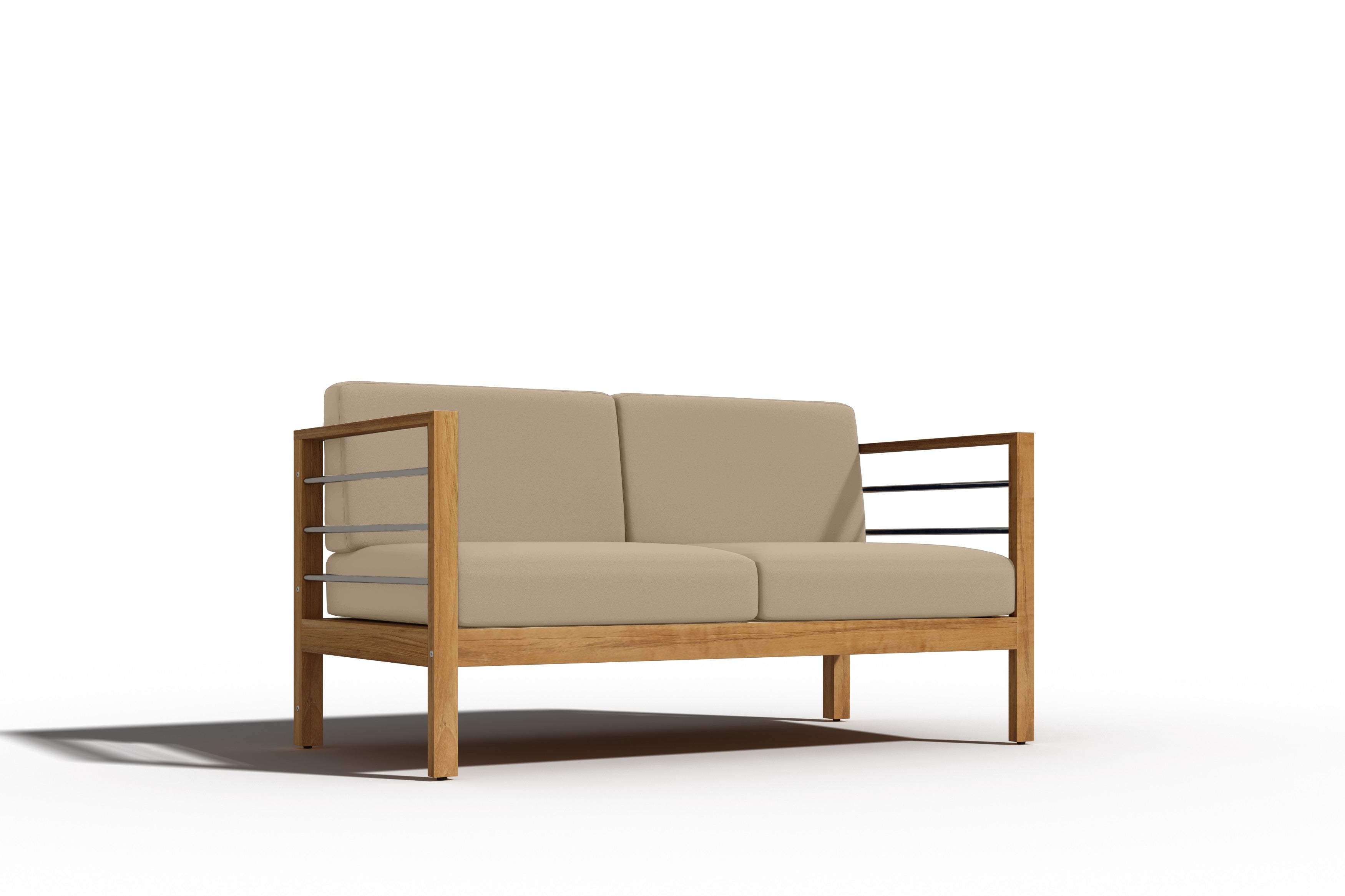 Premium 3-Person Teak Outdoor Sofa with Sunbrella Fawn Cushion – Weather-Resistant Patio Furniture for Garden, Poolside & Backyard Relaxation