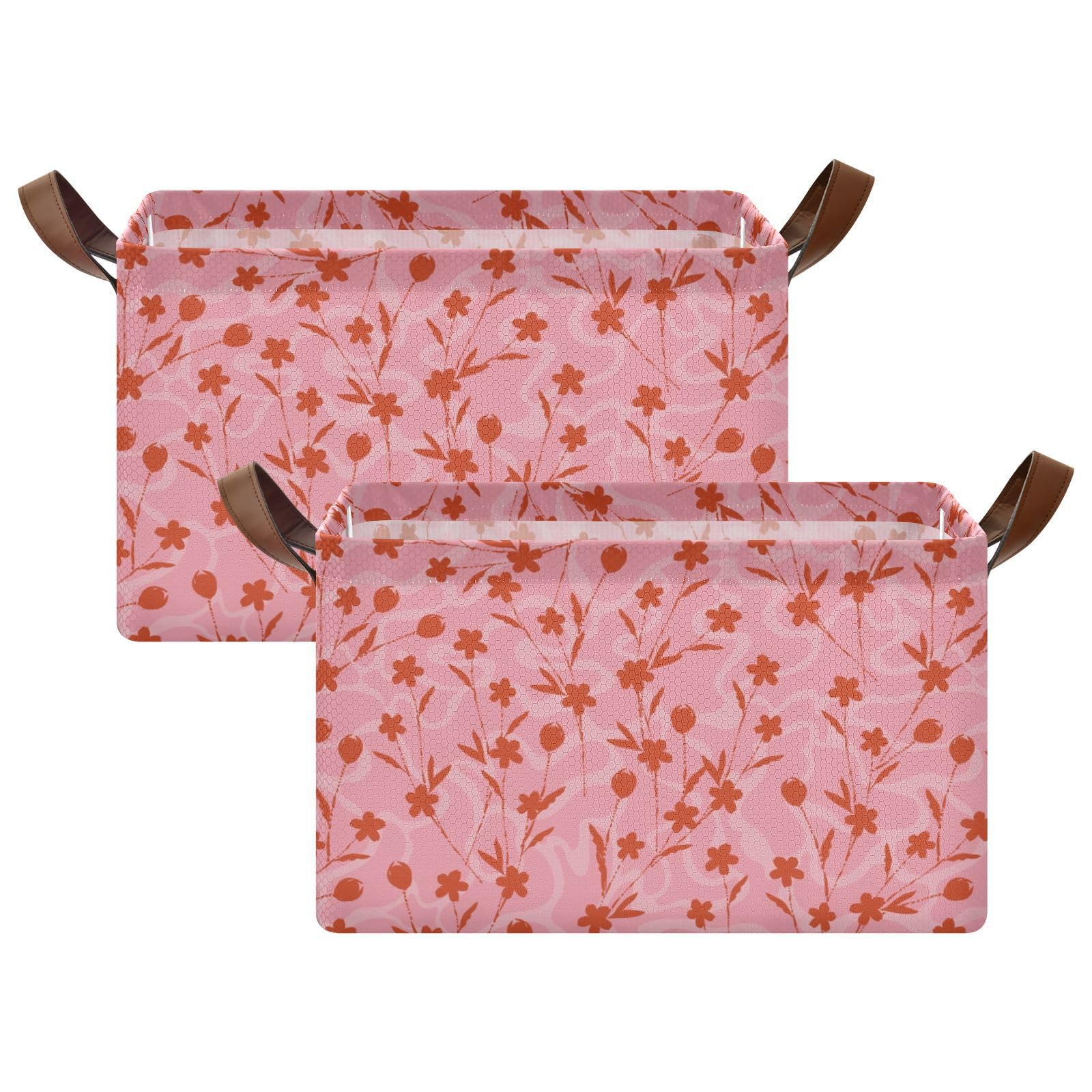 Red Floret Collapsible Fabric Storage Baskets with Handles - 2 Pack Foldable Home Organizer Boxes for Makeup, Books, Toys & Shelves | Perfect for Living Room, Bedroom & Office Organization
