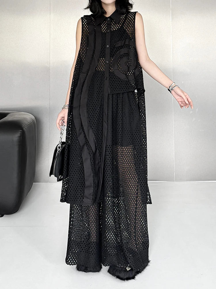 Trendy Black Grid Vest & Wide Leg Pants Two-Piece Set for Women - Lapel Sleeveless Jumpsuit Outfit | Plus Size Fashion | Spring & Fall 2025 Collection | Perfect for Office Wear, Date Nights & Casual Outings