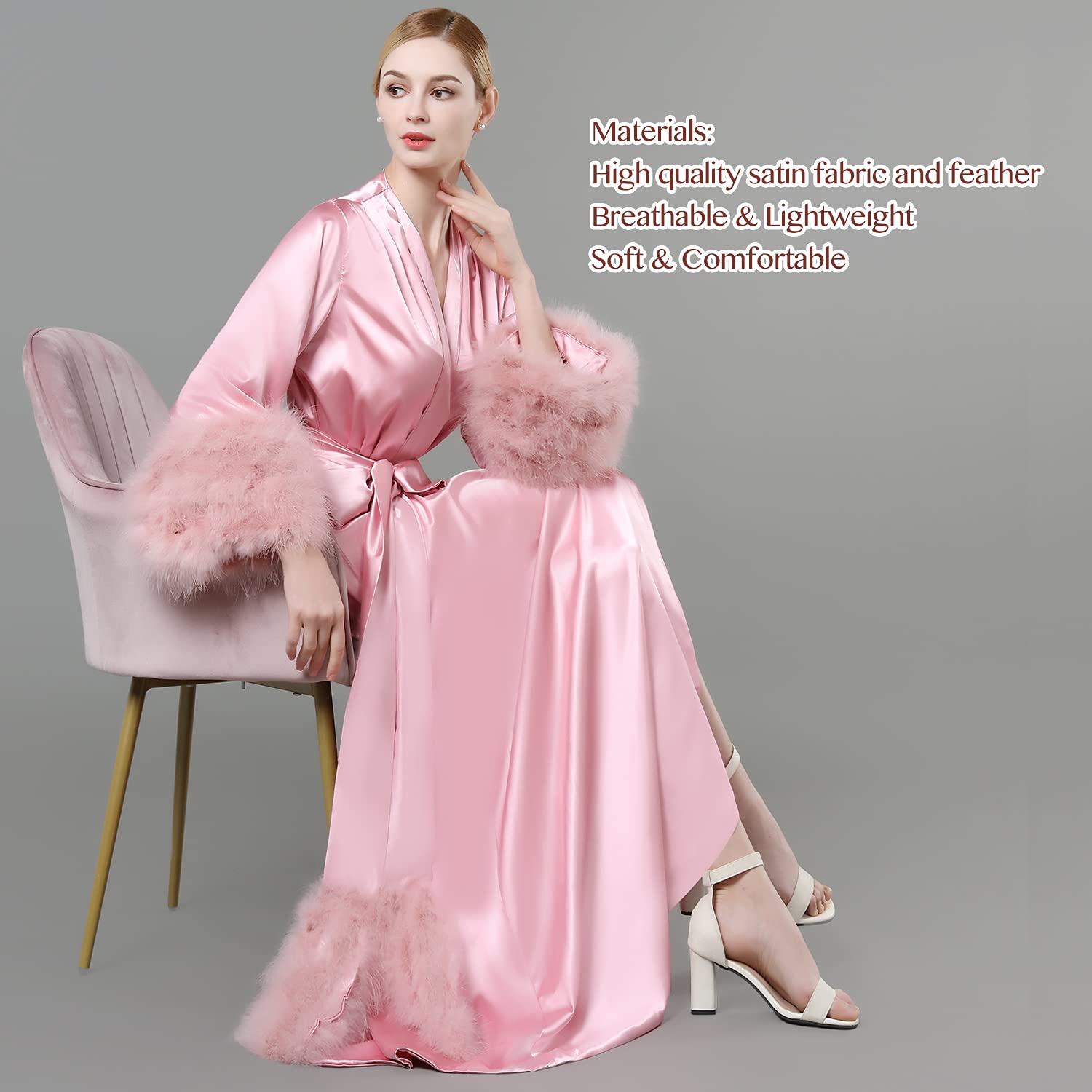Luxury Women's Feather Trim Bathrobe - Soft Plush Fleece Kimono Robe with Belt for Spa, Bridal, Sleepwear & Lounging at Home