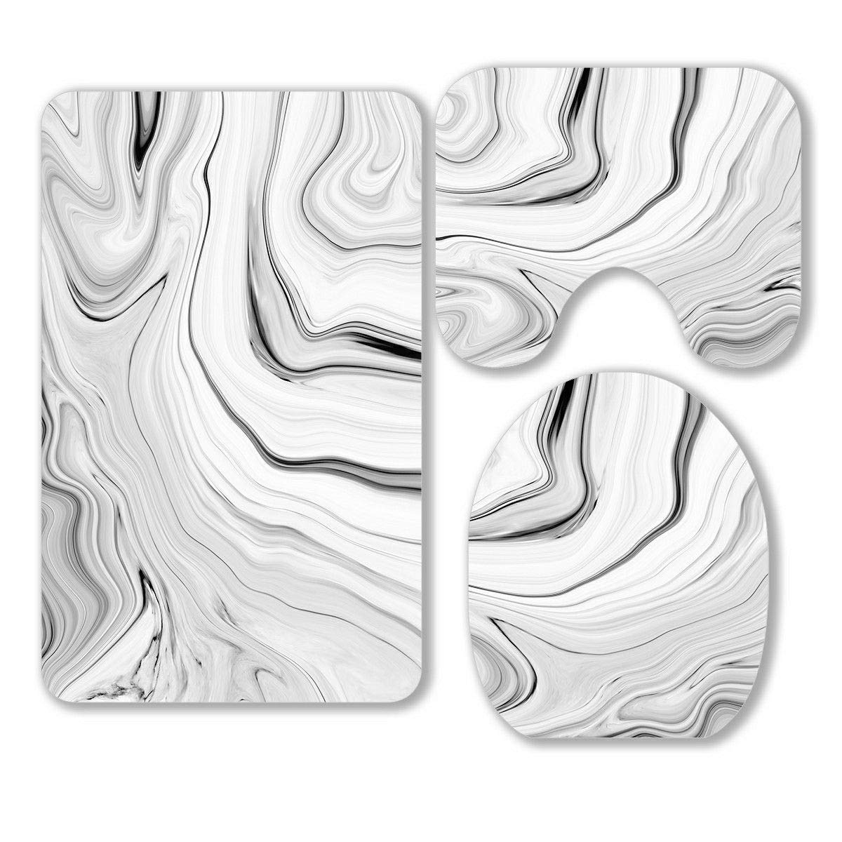 ECZJNT 3-Piece Bathroom Rug Set - Marble Texture Black & White Handmade Contour Mat & Toilet Lid Cover | Non-Slip Bath Mats for Modern Bathrooms, Master Suites & Powder Rooms