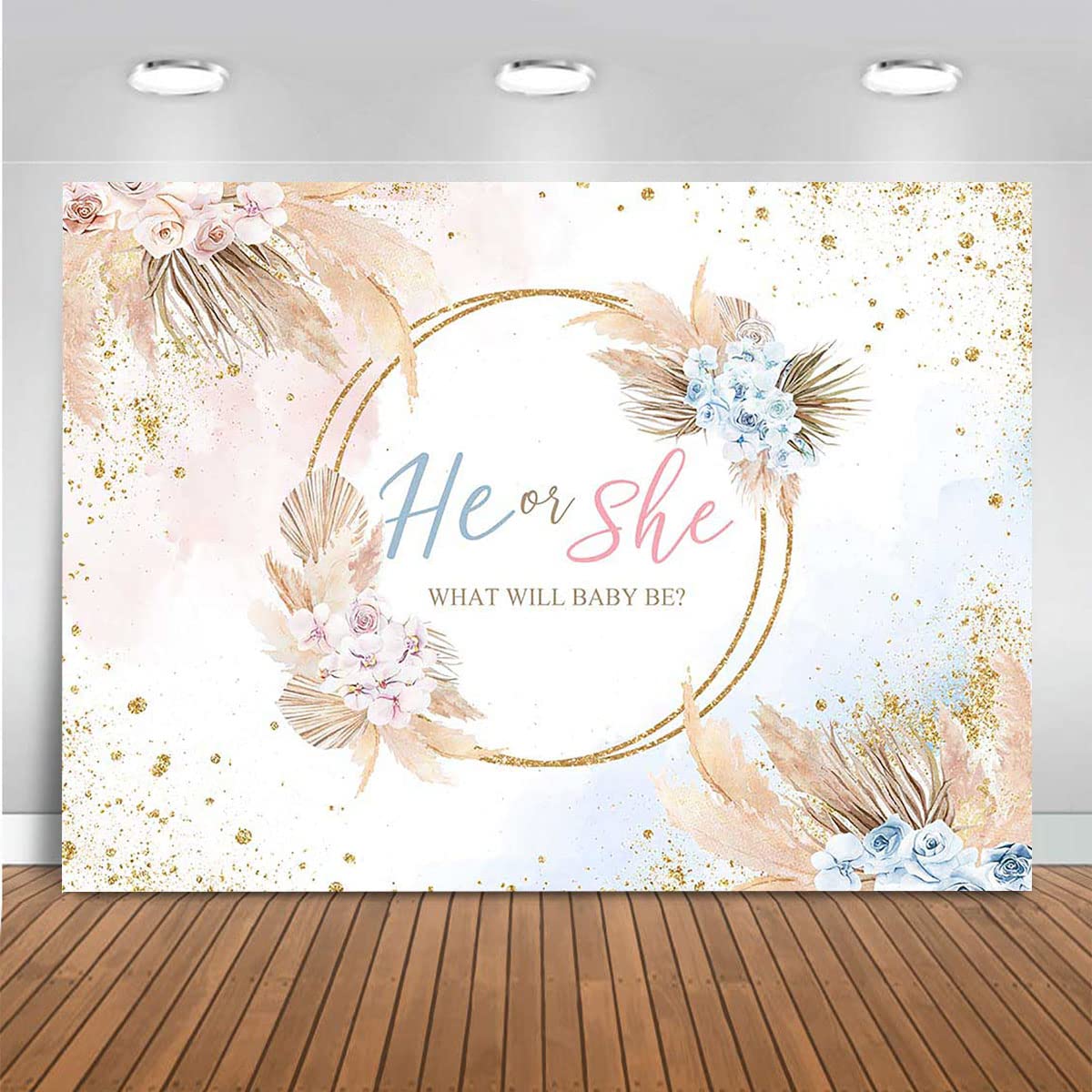 7x5ft Mocsicka Boho Gender Reveal Backdrop - Blue & Pink Vinyl Party Decor for Baby Shower, Gender Reveal Party, Nursery Decor - Boy or Girl Celebration Background