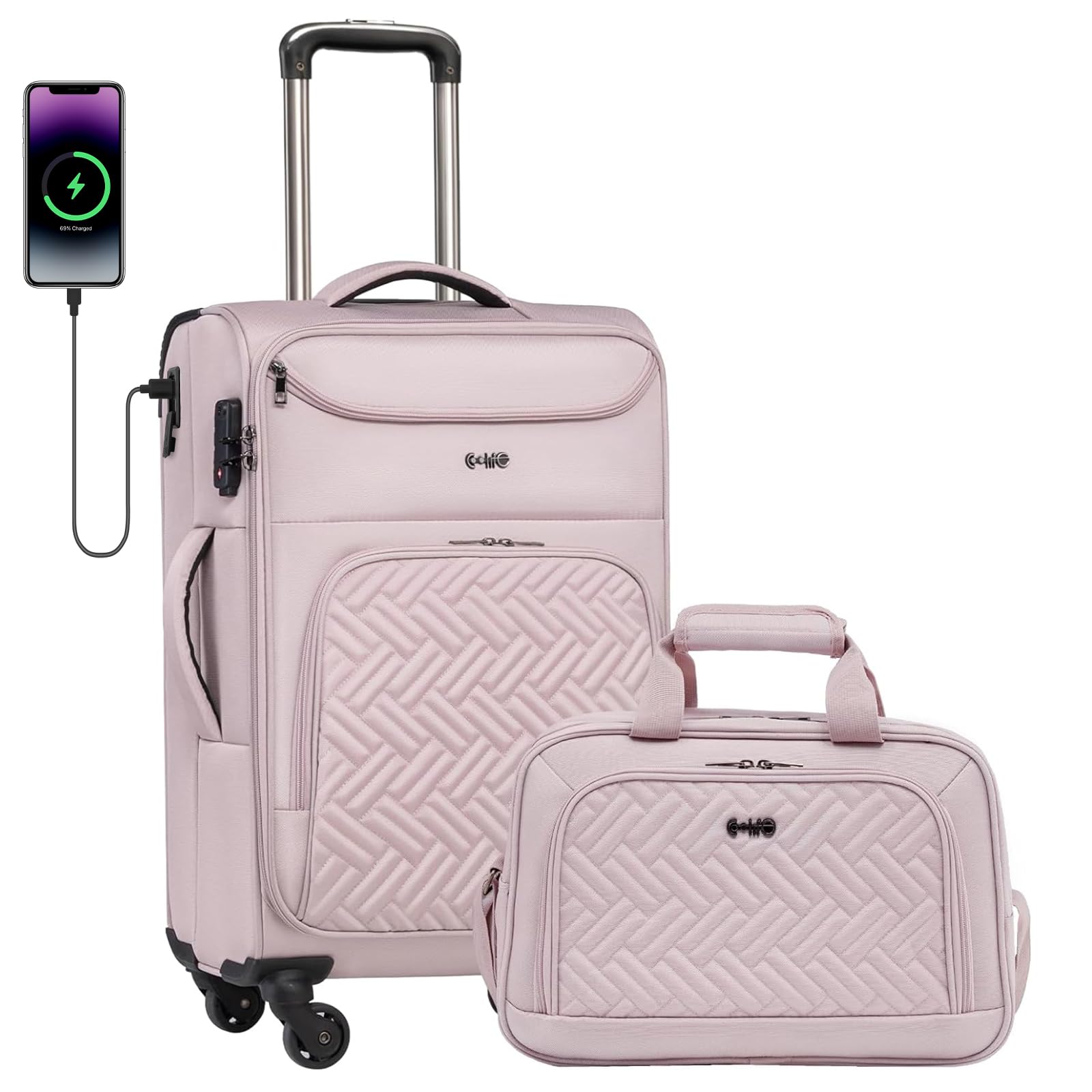 Coolife 20-Inch Lightweight Softside Carry-On Luggage with Wheels - Pink Rolling Travel Suitcase for Airplane, Business Trips & Weekend Getaways
