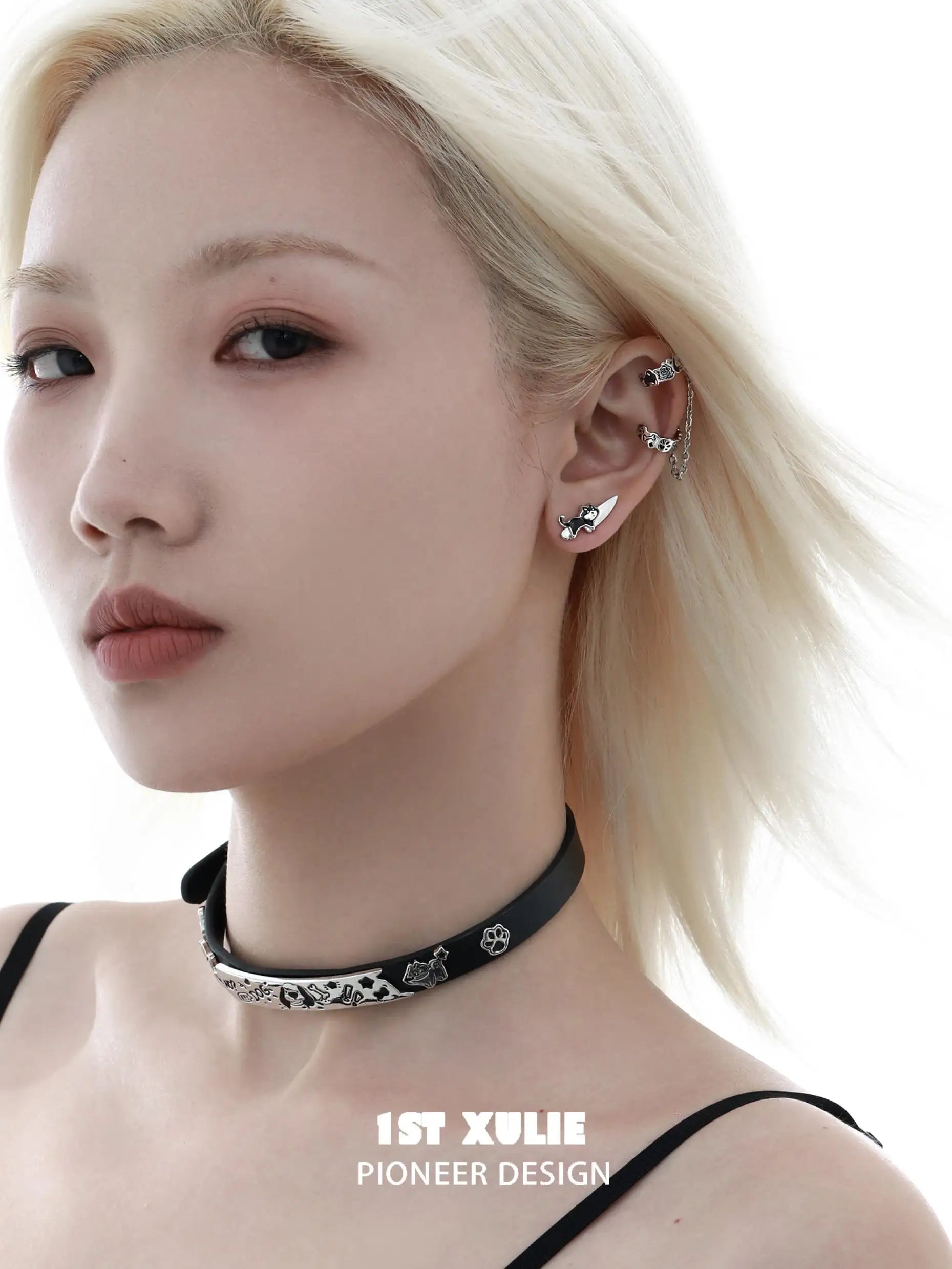 Graffiti Kitten & Puppy S925 Sterling Silver Stud Knife Earrings for Women - Trendy Punk Gothic Jewelry Gift for Cat & Dog Lovers