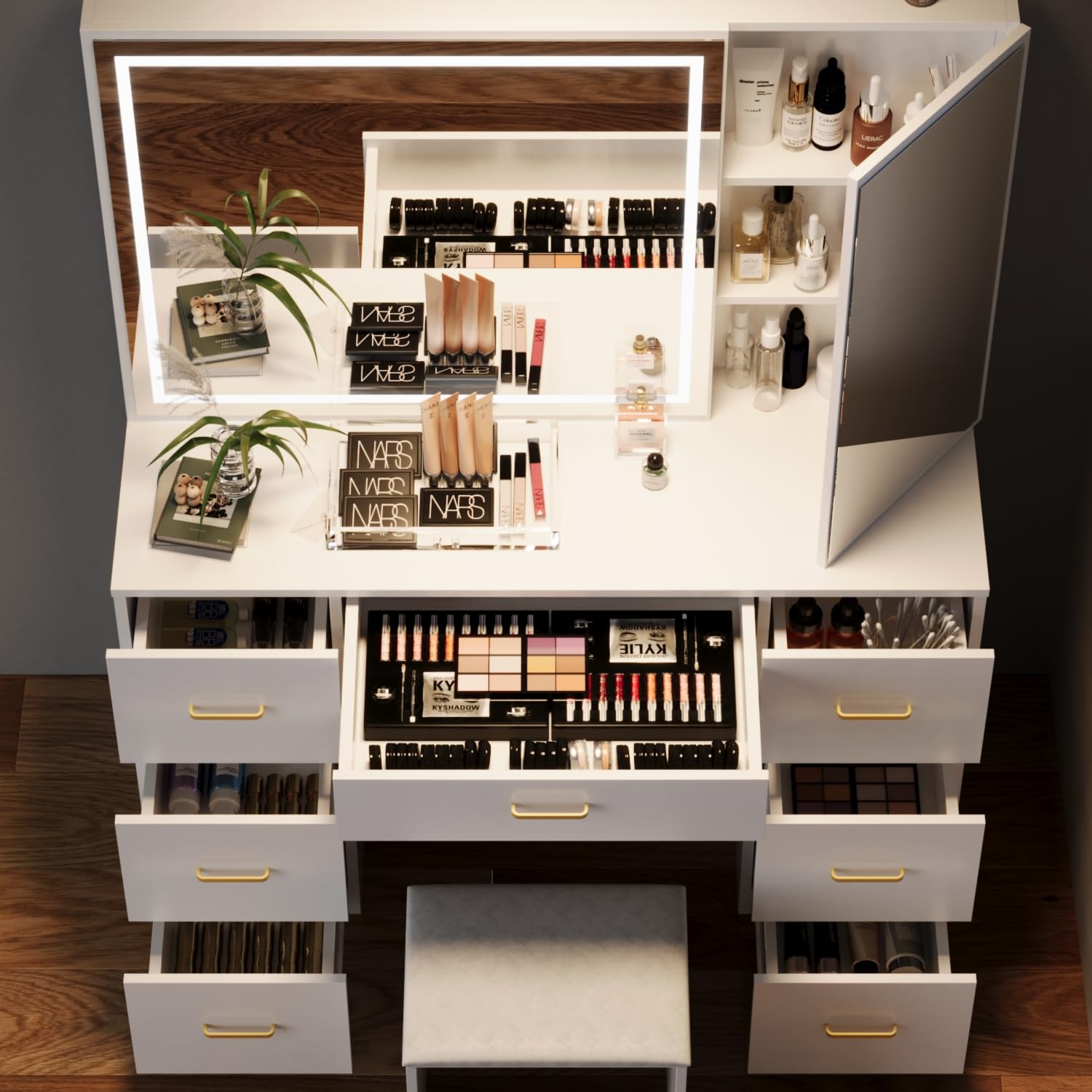 Large Lighted Vanity Desk with Stool - 7-Drawer Makeup Vanity Set with Adjustable Brightness Mirror, White Bedroom Furniture for Women | Perfect for Dressing Room, Bedroom Decor & Makeup Organization