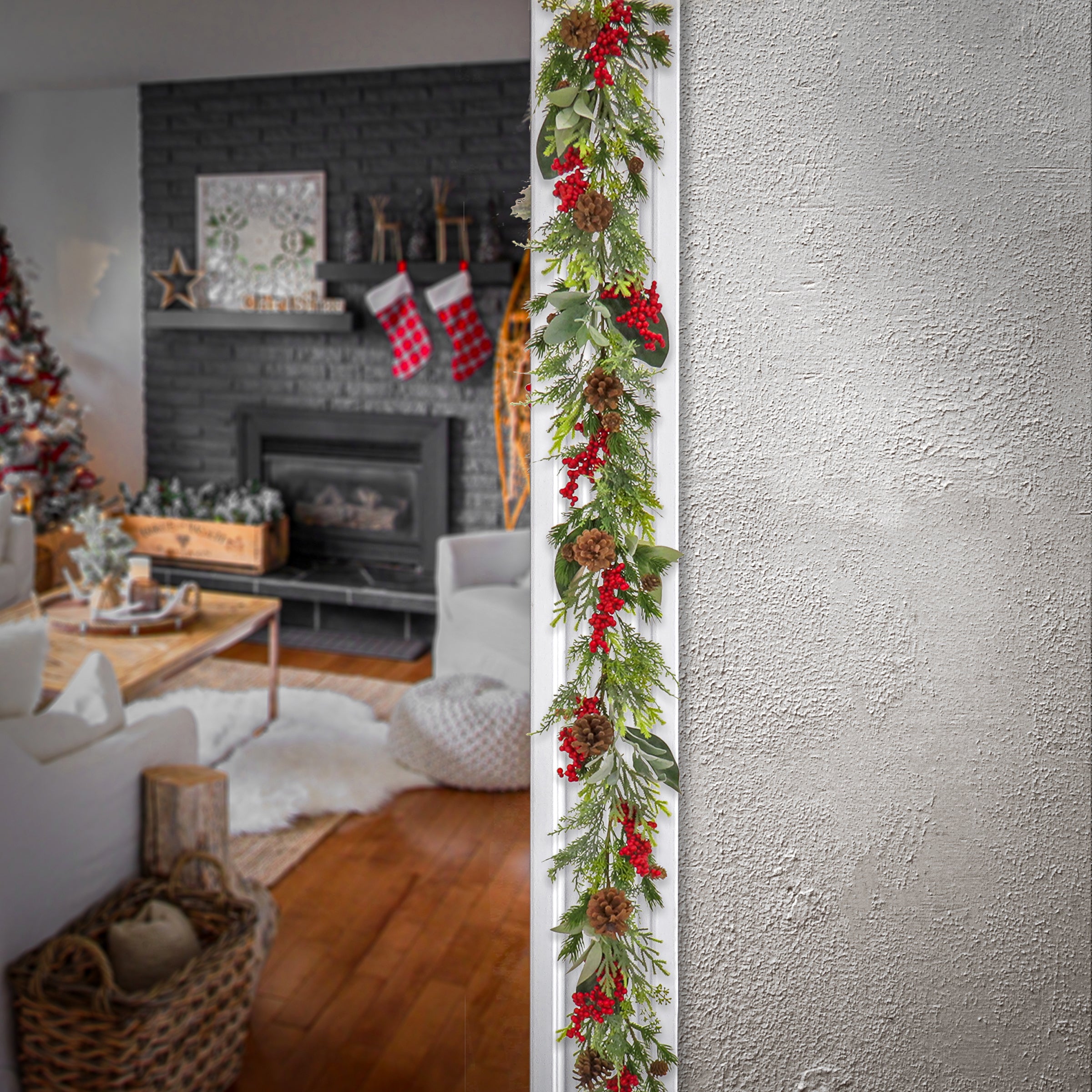 9 ft. HGTV Home Collection Berries and Greenery Garland - Artificial Christmas Wreath for Holiday Decor, Mantel, Staircase & Fireplace Decoration