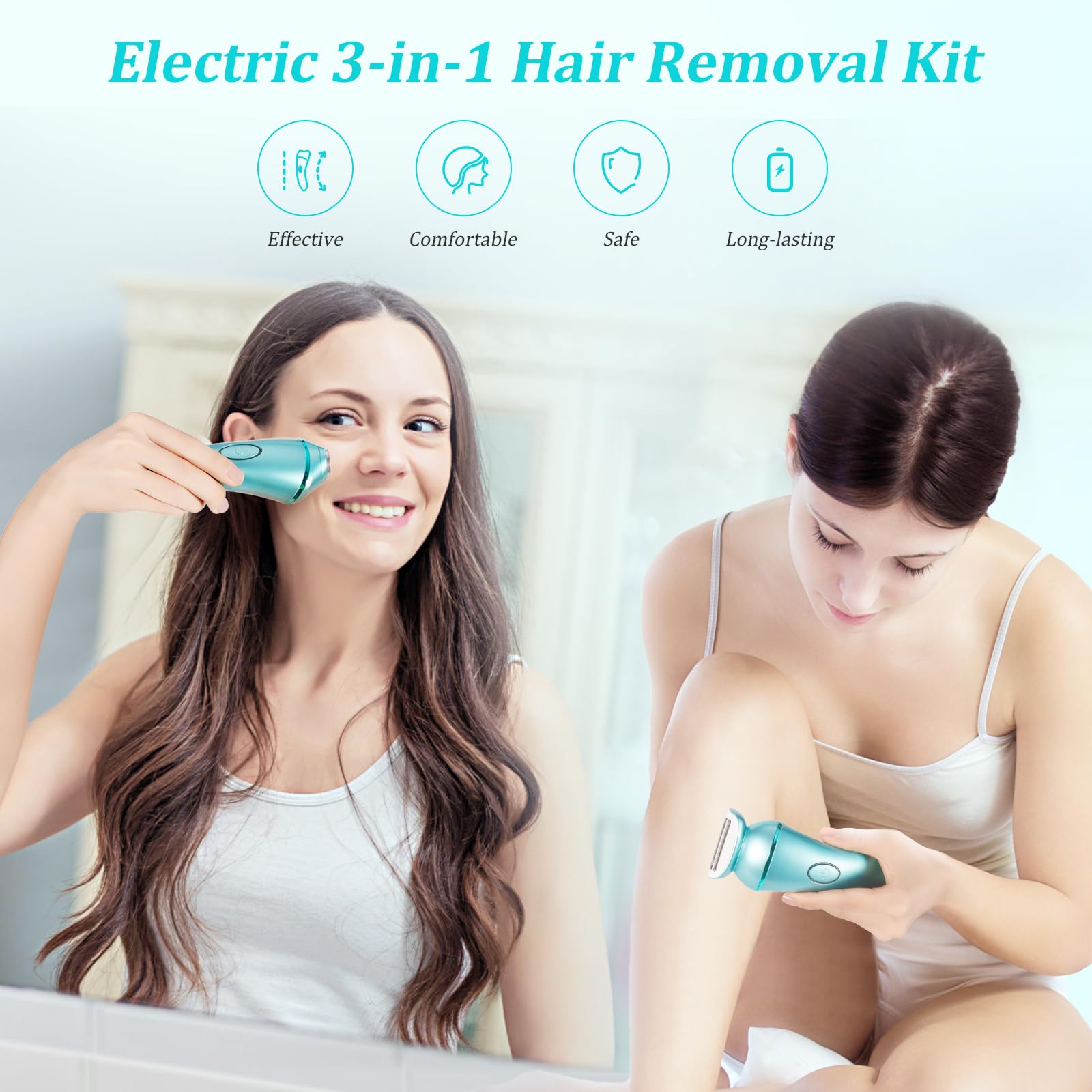 YHC 3-in-1 Epilator for Women - Electric Facial & Body Hair Remover, Wet & Dry Shaver for Legs, Arms & Bikini Line, Cordless Waterproof USB Rechargeable Epilation Device (Blue) | Perfect for Travel, Gym & Home Hair Removal