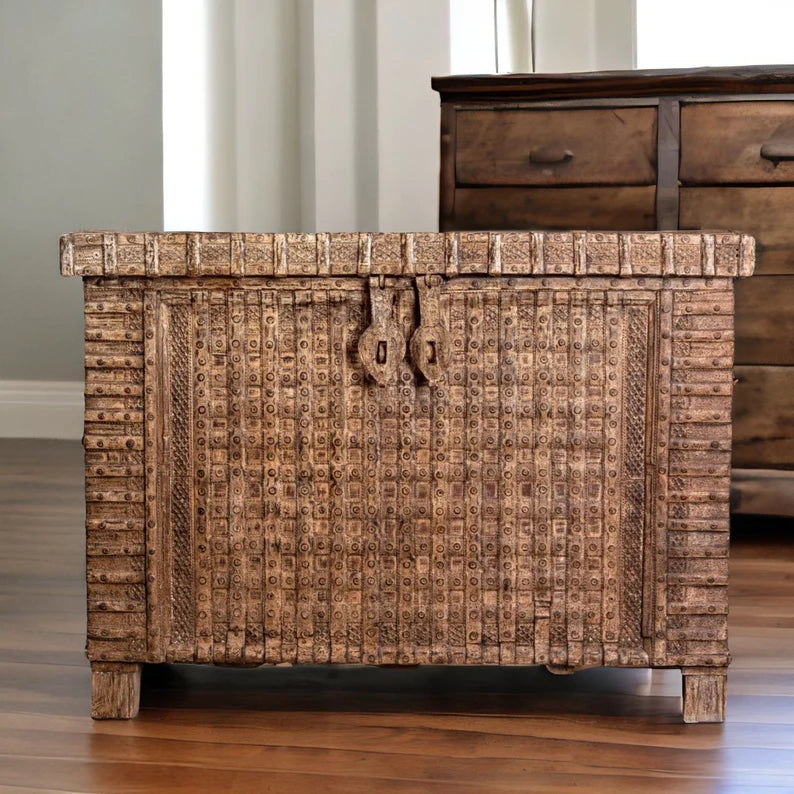 Hand Carved Antique Solid Wood Tall Trunk Storage Box - Vintage Chest for Bedroom, Living Room & Entryway Organization