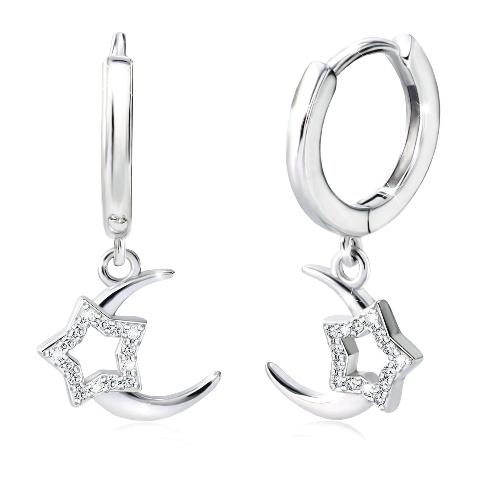 Moon and Star Hoop Earrings for Women - Sterling Silver Dangle Drop Tassel Earrings - Fashion Jewelry Gift for Daughter, Girlfriend, Mom - Perfect for Date Night, Parties & Everyday Wear