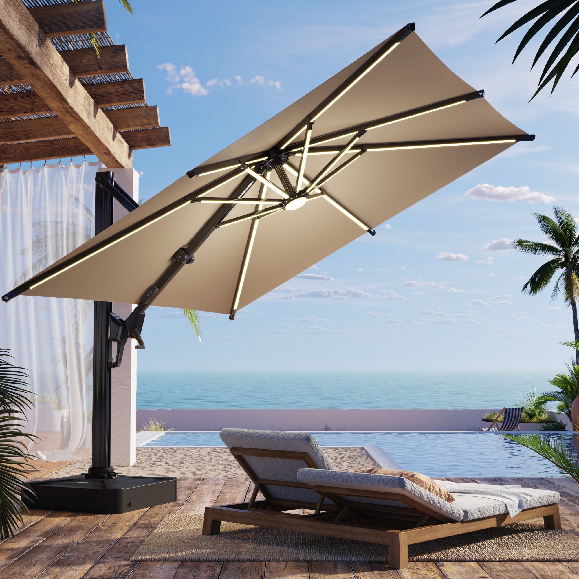 EROMMY 10x10 LED Cantilever Umbrella - Outdoor Patio Sun Shade with Adjustable Tilt, Waterproof & Windproof - Perfect for Backyard, Poolside, and Garden Relaxation