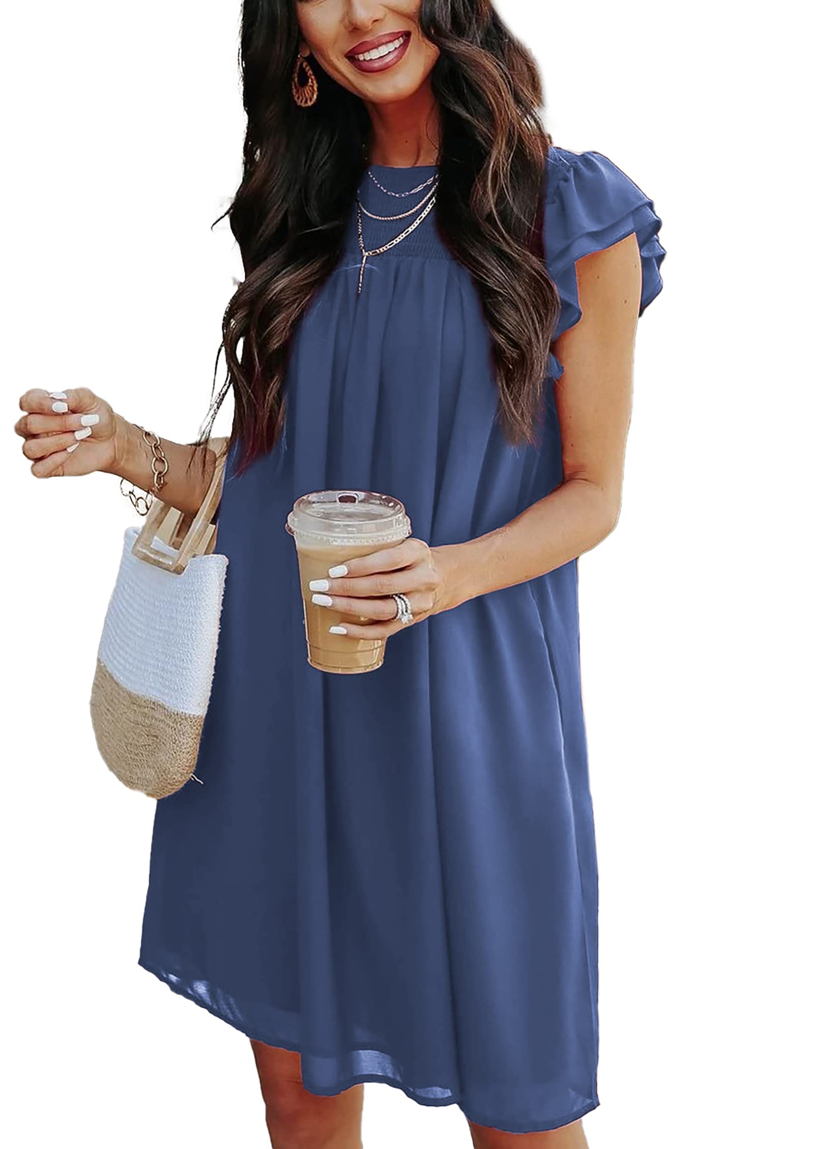 KIRUNDO Women's Short Ruffle Cap Sleeve Chiffon Babydoll Flowy Mini Sundress - Wedding Guest Dress for Spring & Summer | Perfect for Garden Parties, Bridal Showers & Beach Vacations