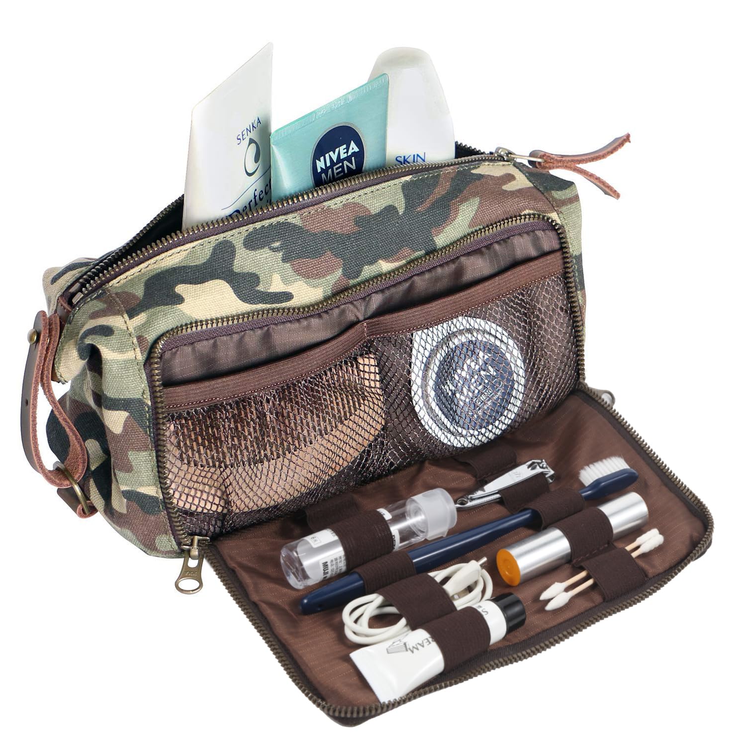 Men's & Women's Leather-Trim Canvas Toiletry Bag - Travel Dopp Kit with YKK Zipper for Gym & Vacation