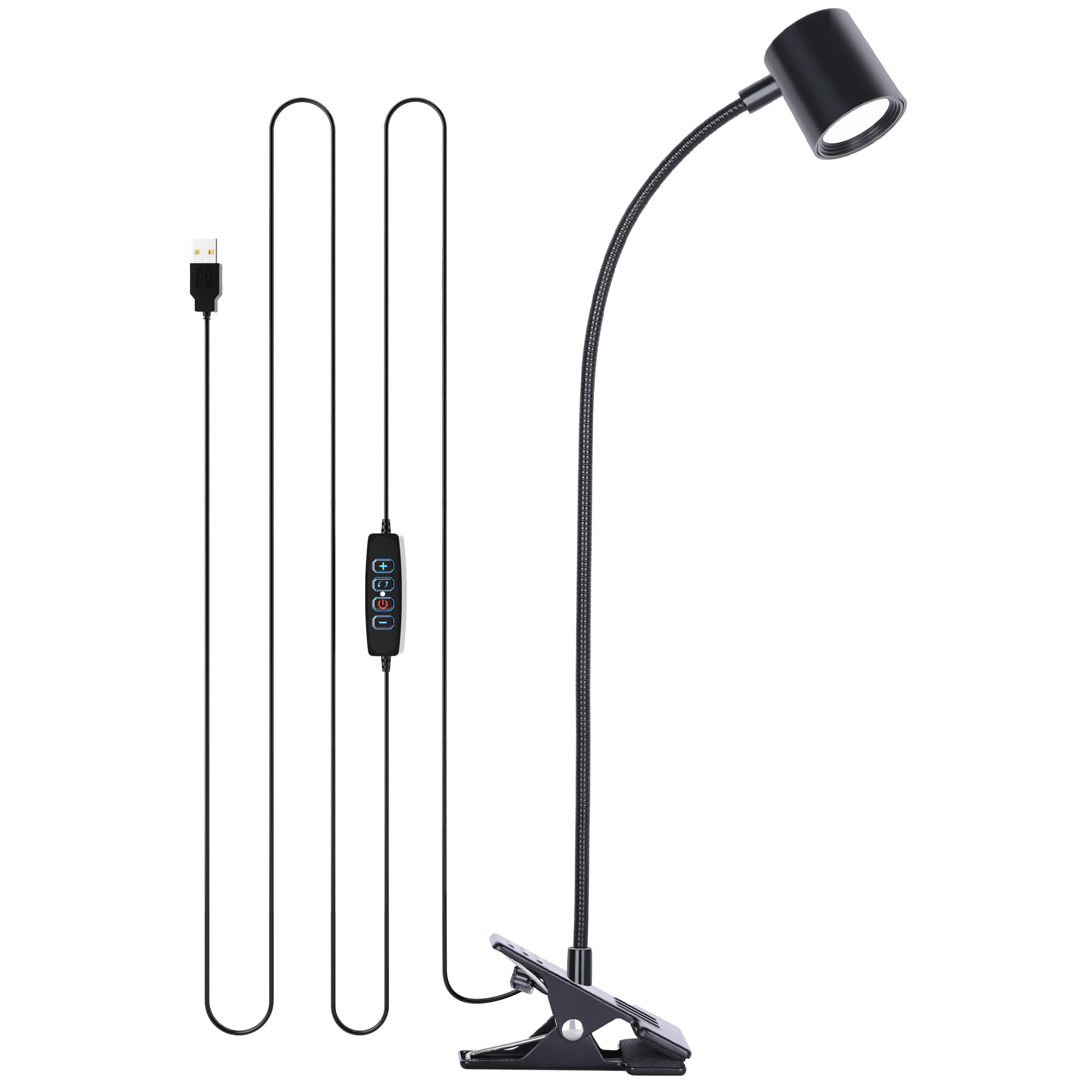 Dott Arts USB Clip On Desk Lamp - 3 Color Modes & 10 Brightness Levels, 360° Adjustable Gooseneck LED Reading Light for Home Office, Study, Bedroom Headboard - Eye-Caring Black Task Light for Work, Reading & Night Use