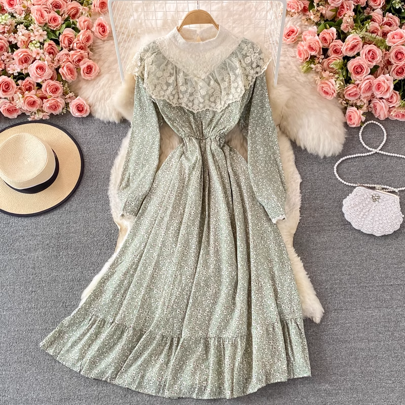 Elegant Autumn Stand Collar Lace Floral Dress - Sweet Princess Style Formal Dress for Women | Perfect for Weddings, Parties & Special Occasions