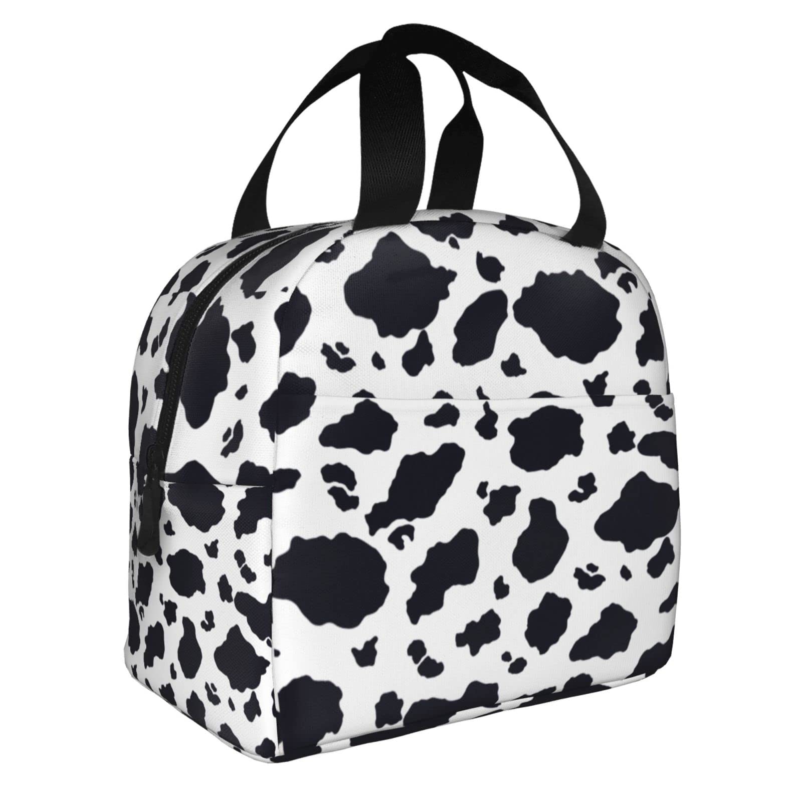 Black and White Cow Print Insulated Lunch Bag - Reusable Tote for Office, Camping, Travel, Picnic, Beach & Fishing - Portable Cooler for Adults (Great for Work, School, Outdoor Adventures & Daily Commute)